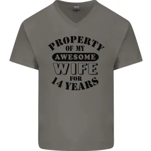 14th Wedding Anniversary 14 Year Funny Wife Mens V-Neck Cotton T-Shirt
