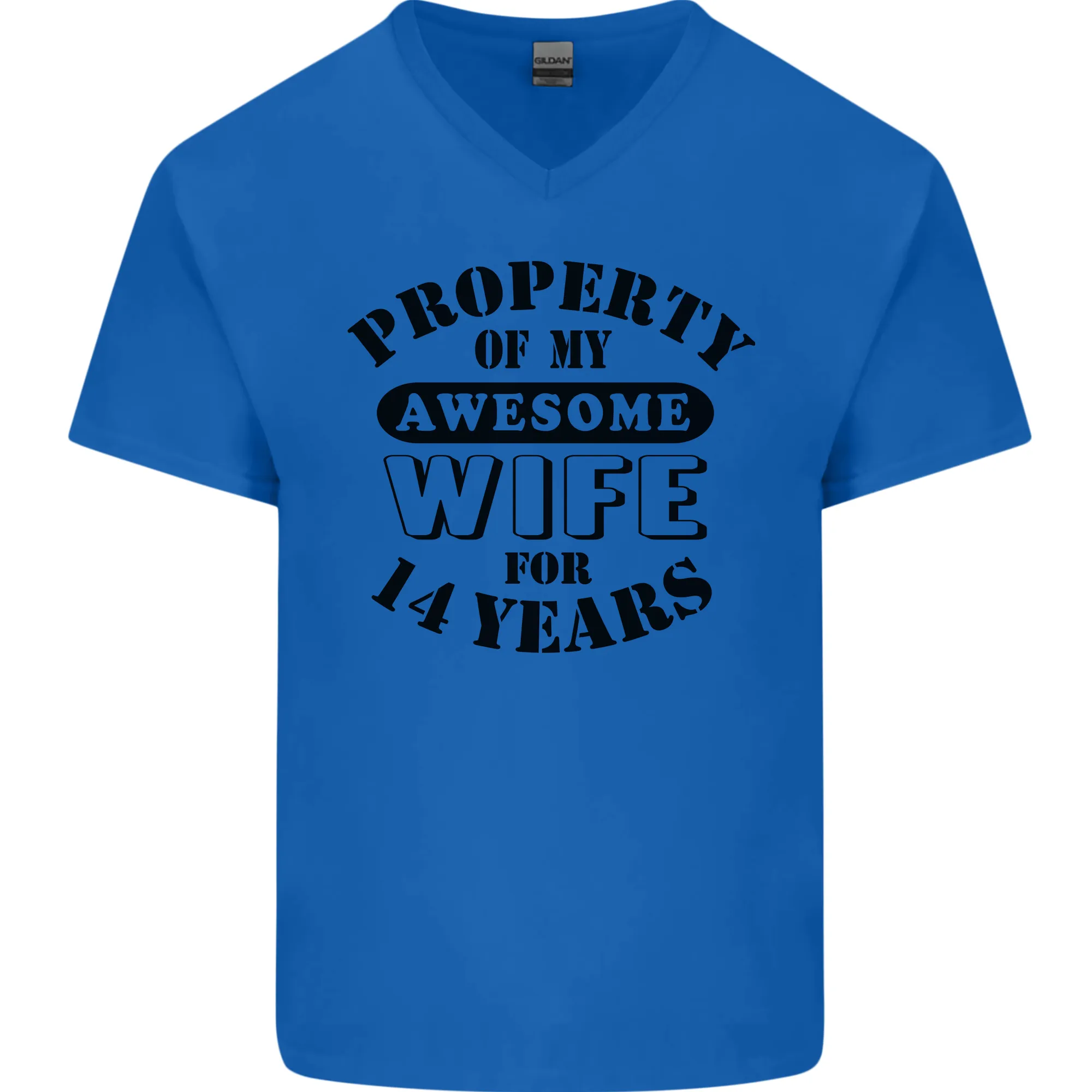14th Wedding Anniversary 14 Year Funny Wife Mens V-Neck Cotton T-Shirt