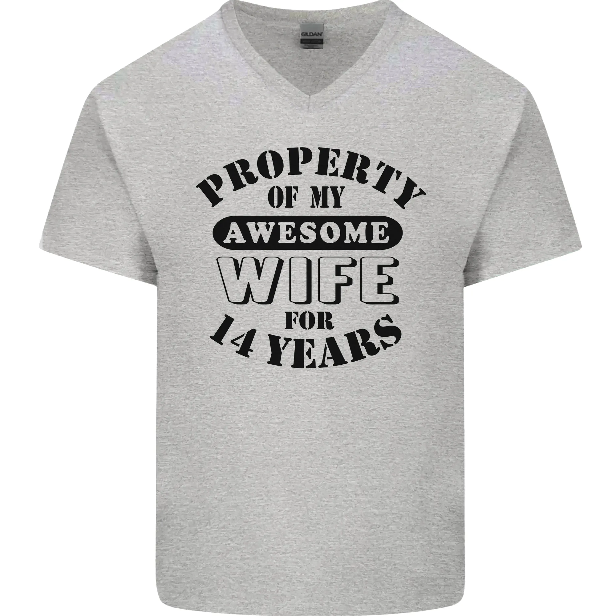 14th Wedding Anniversary 14 Year Funny Wife Mens V-Neck Cotton T-Shirt