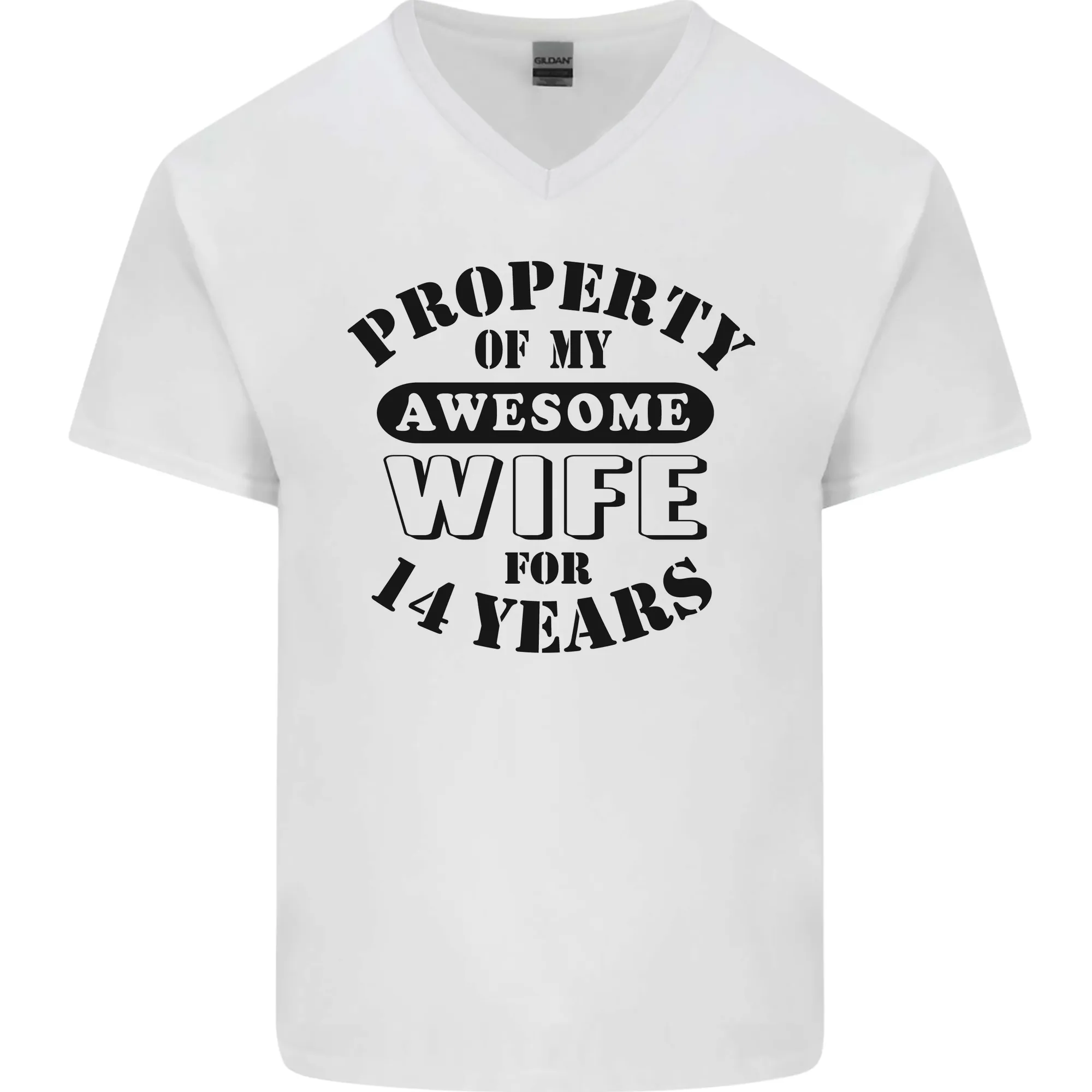 14th Wedding Anniversary 14 Year Funny Wife Mens V-Neck Cotton T-Shirt