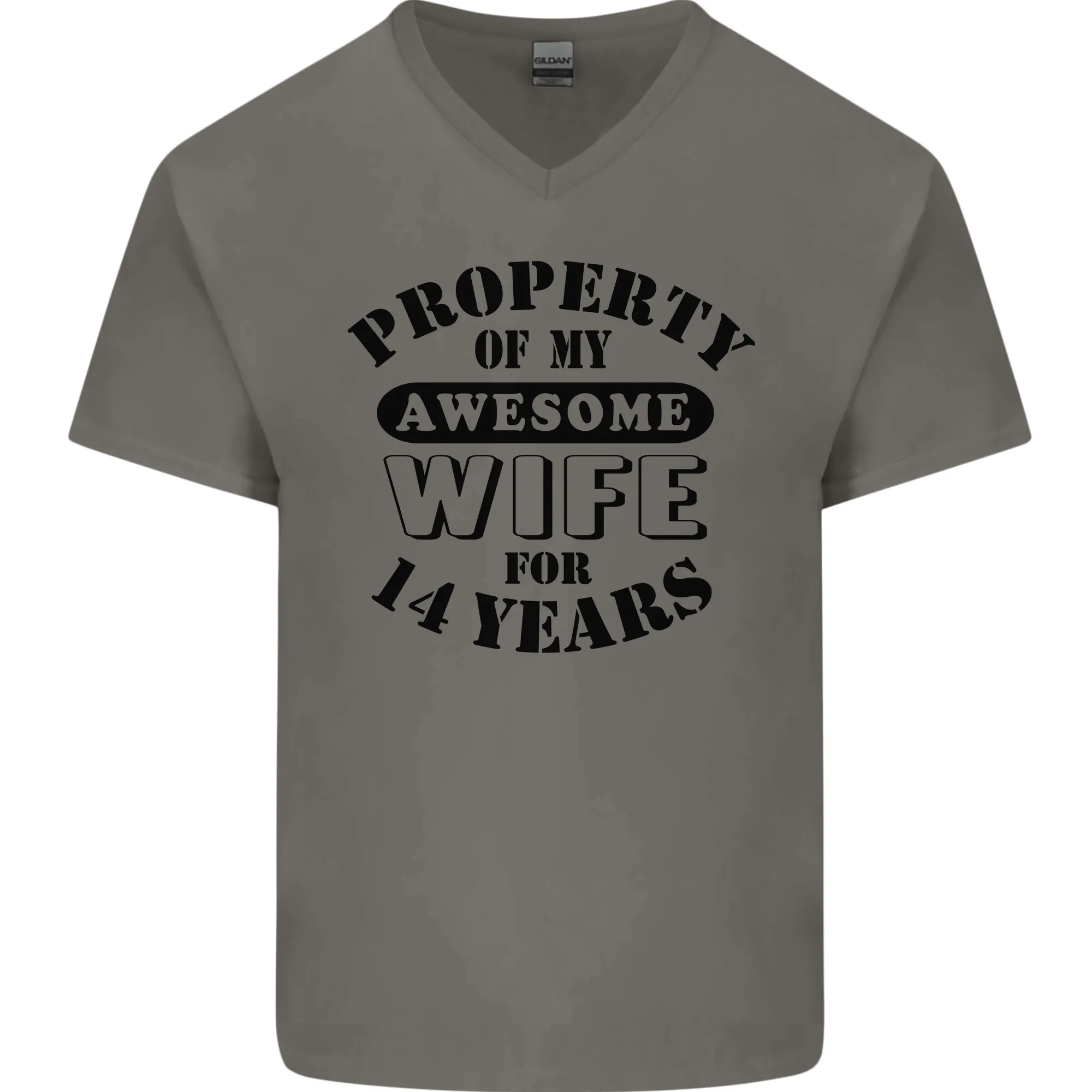 14th Wedding Anniversary 14 Year Funny Wife Mens V-Neck Cotton T-Shirt