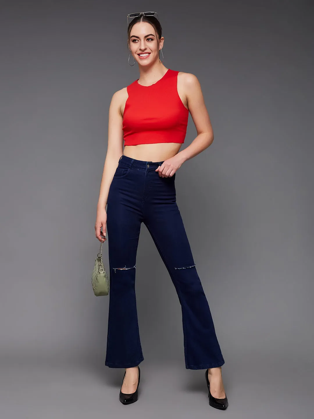 24/7 Comfort Navy Blue Bell Bottom Bootcut High Rise Stretchable Denim Jeans