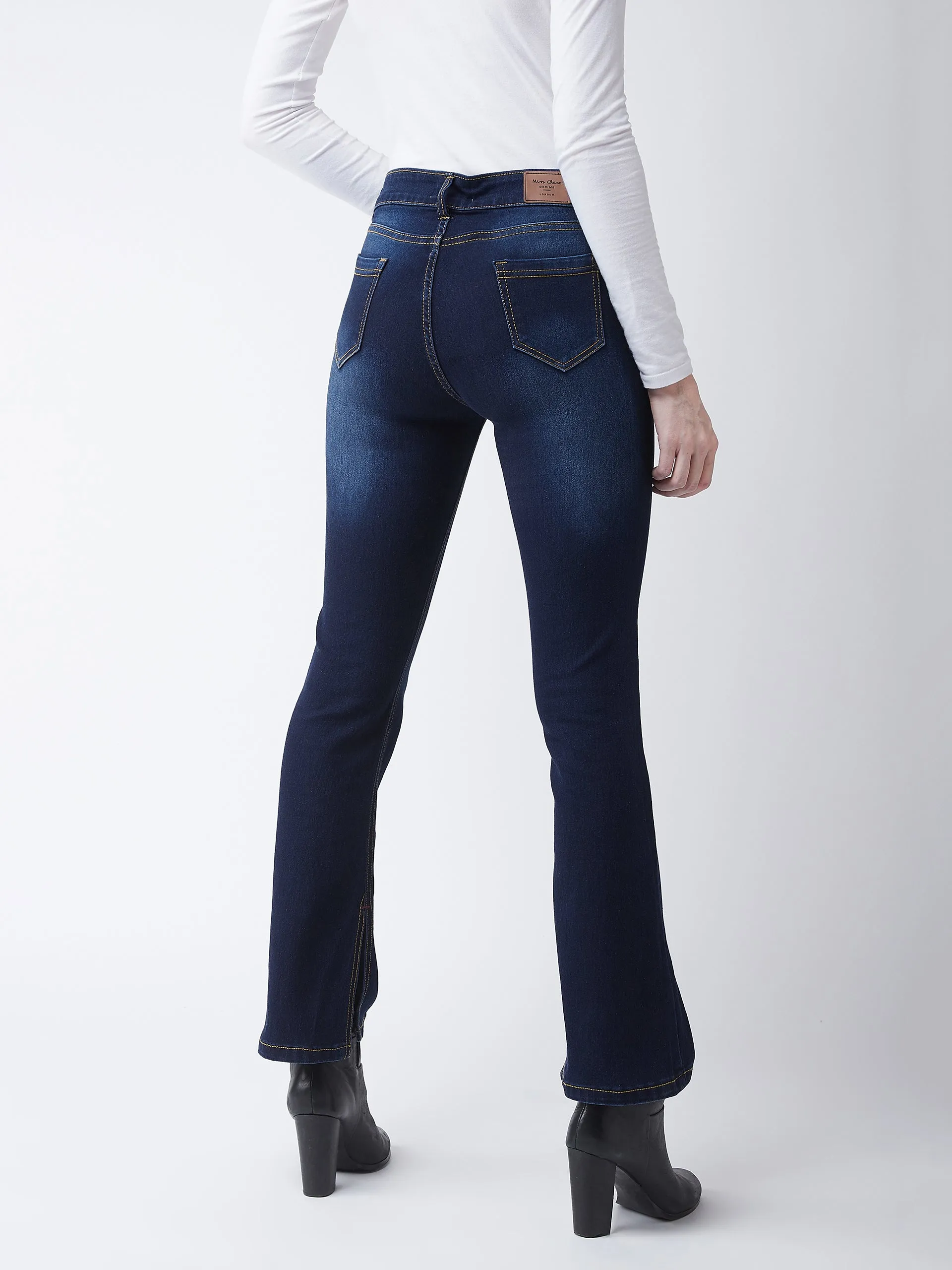 24/7 Comfort Women's Timeless Blue Bell Bottom Bootcut Mid Rise Slit Denim Stretchable Jeans