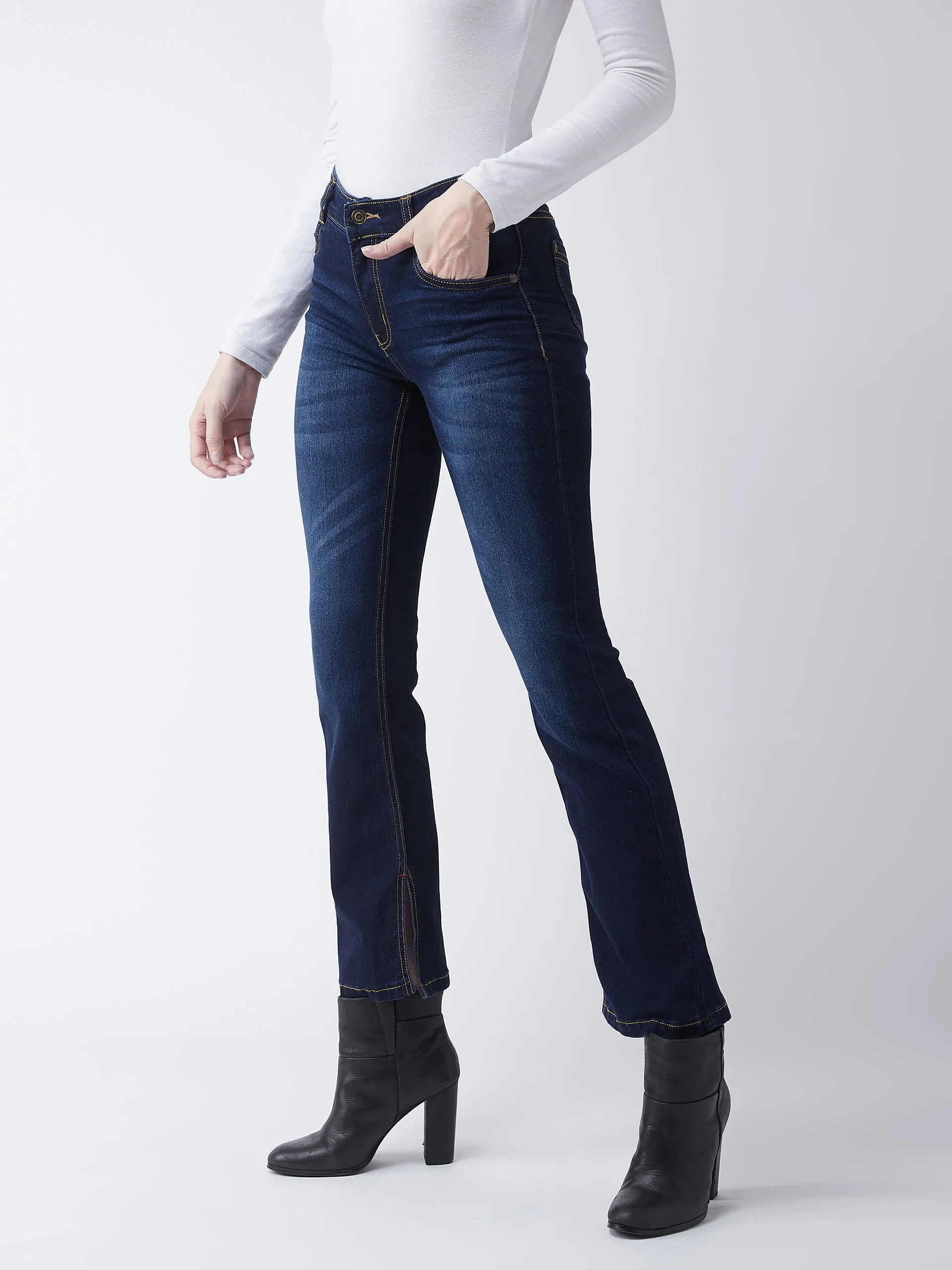 24/7 Comfort Women's Timeless Blue Bell Bottom Bootcut Mid Rise Slit Denim Stretchable Jeans
