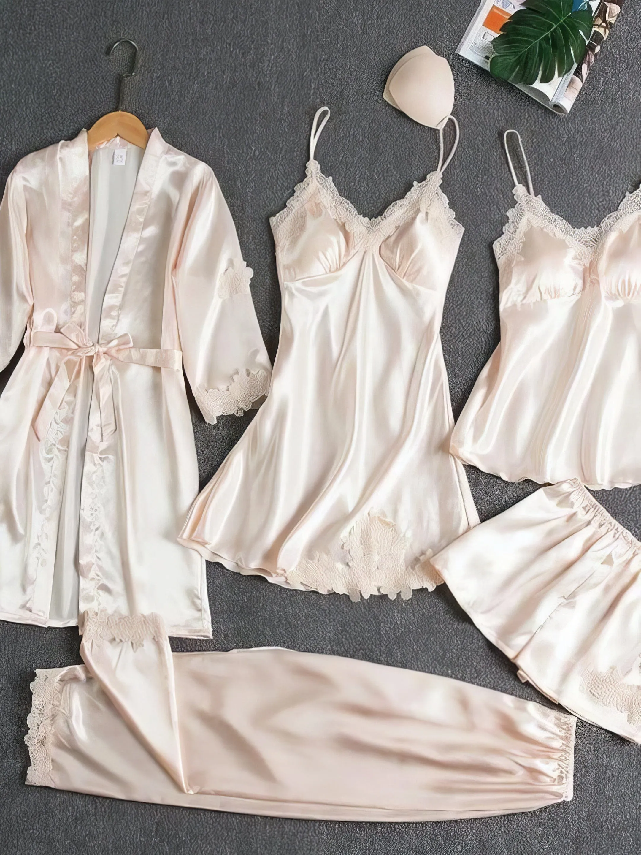 5 Piece Silk-Like Pajama Set with Lace