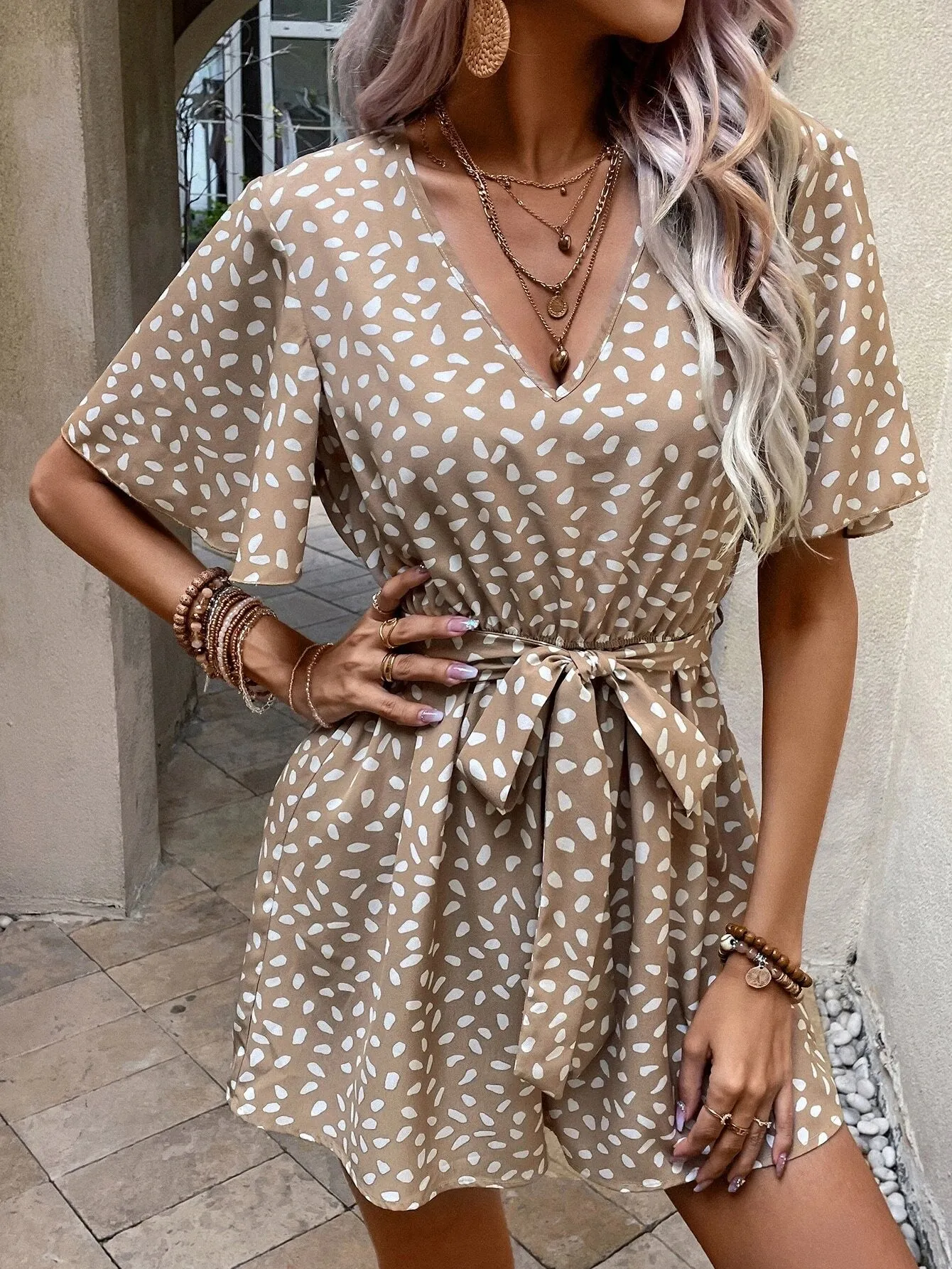 Allover Print Butterfly Sleeve Belted Romper