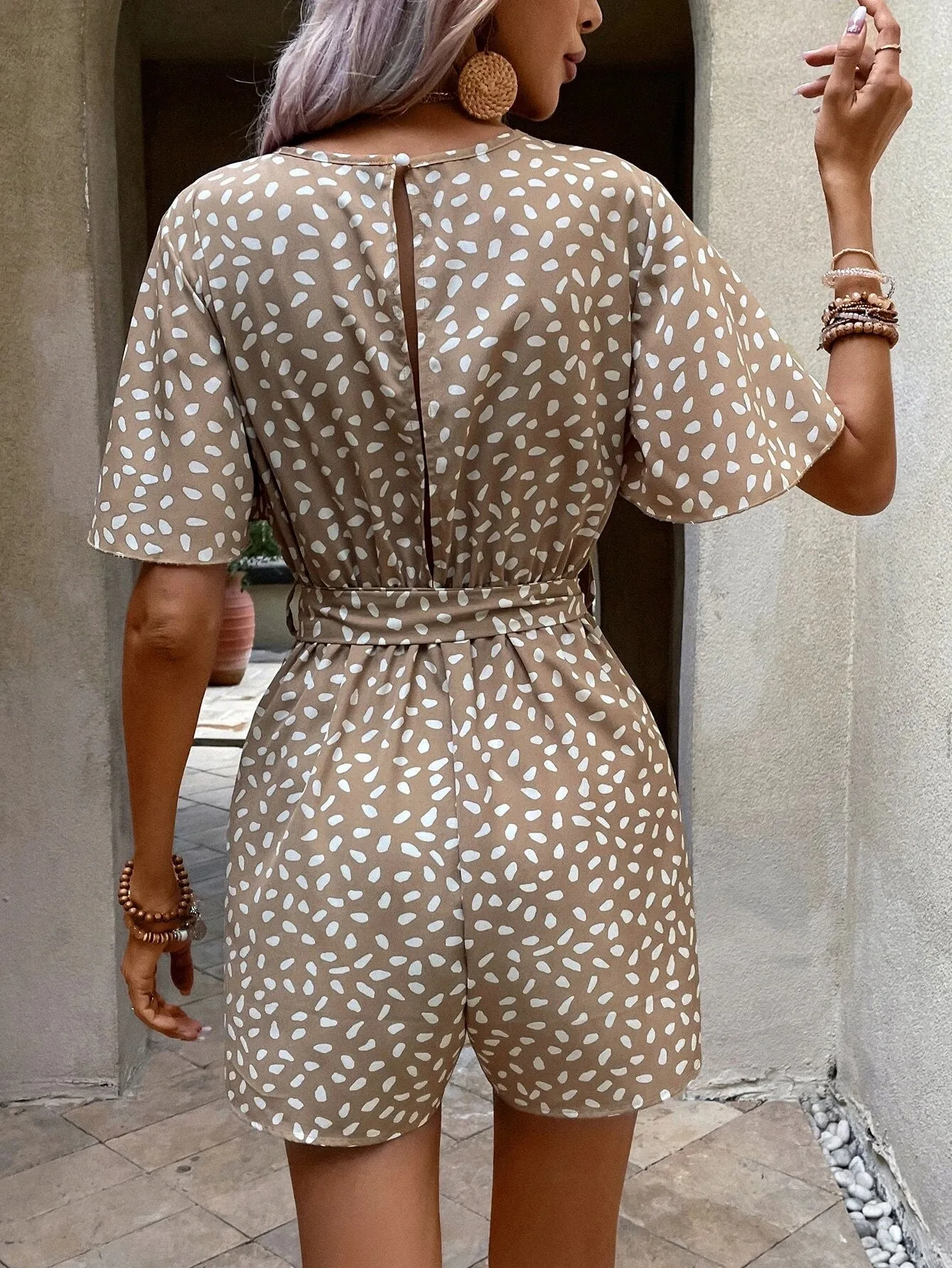 Allover Print Butterfly Sleeve Belted Romper