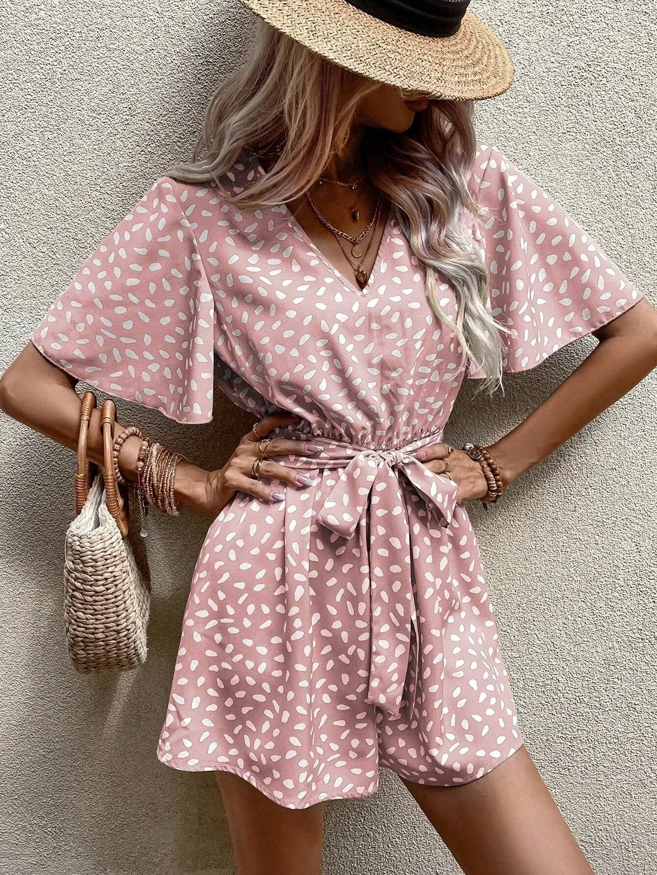 Allover Print Butterfly Sleeve Belted Romper