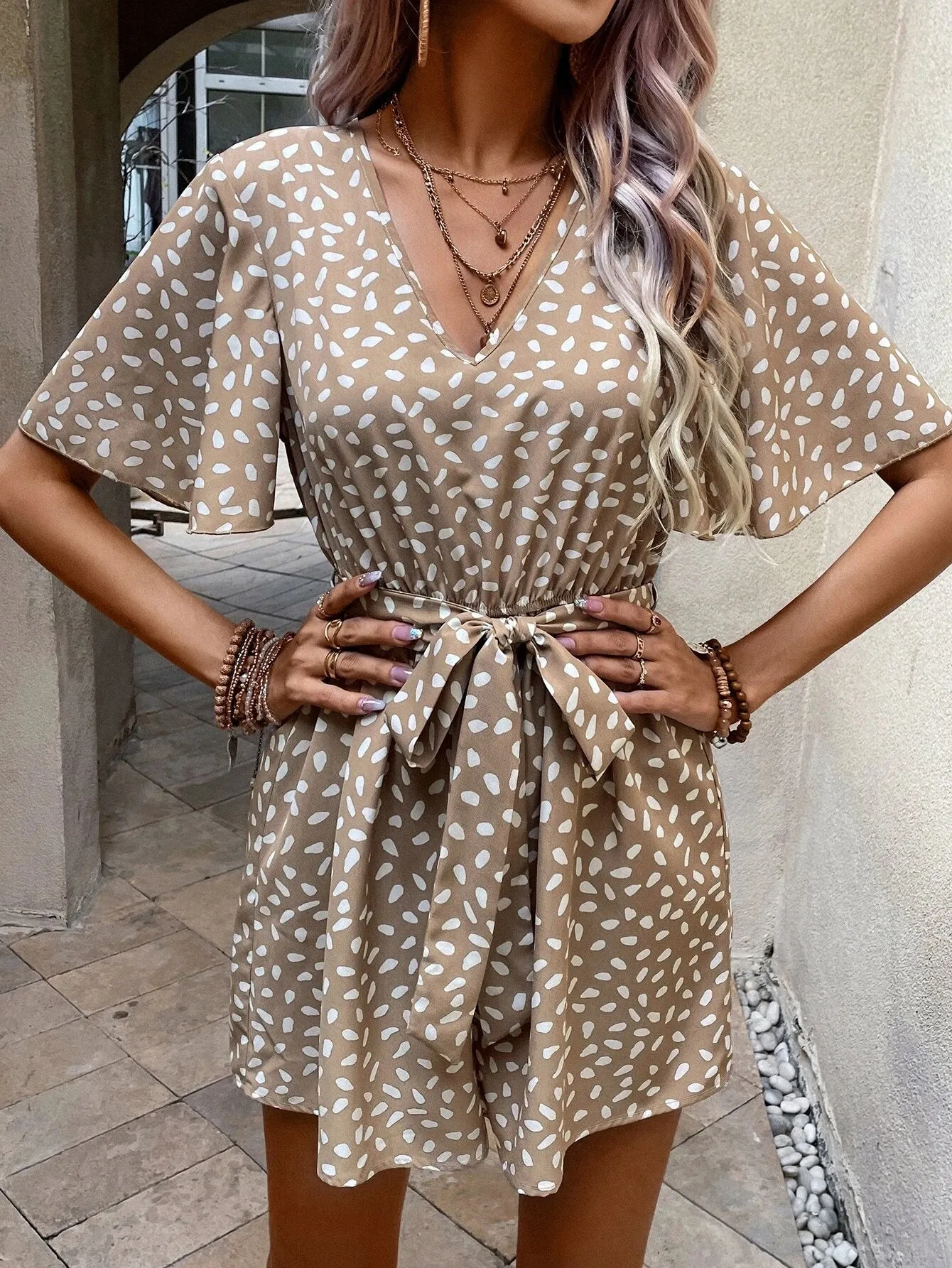 Allover Print Butterfly Sleeve Belted Romper