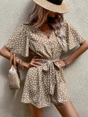 Allover Print Butterfly Sleeve Belted Romper