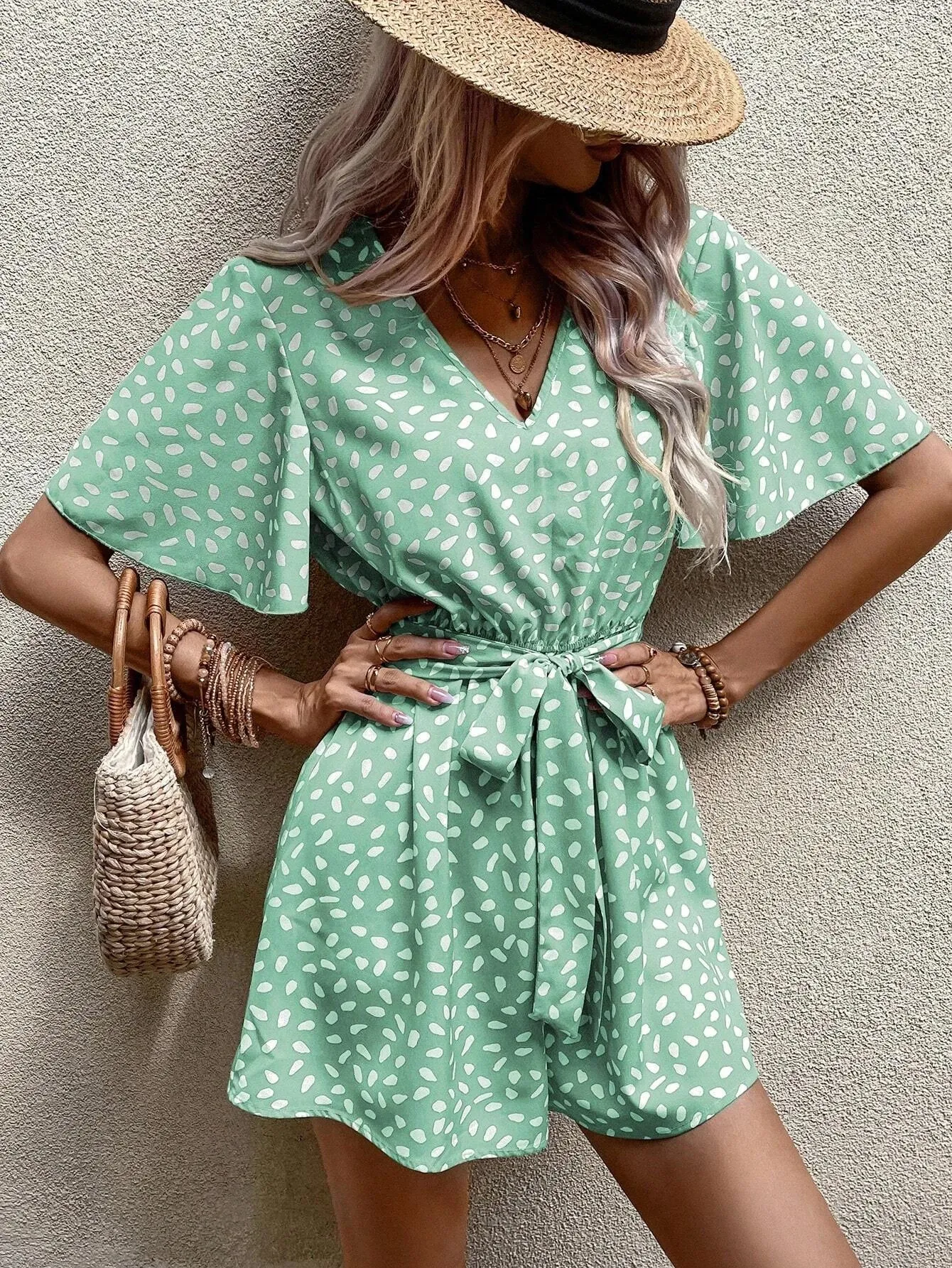 Allover Print Butterfly Sleeve Belted Romper