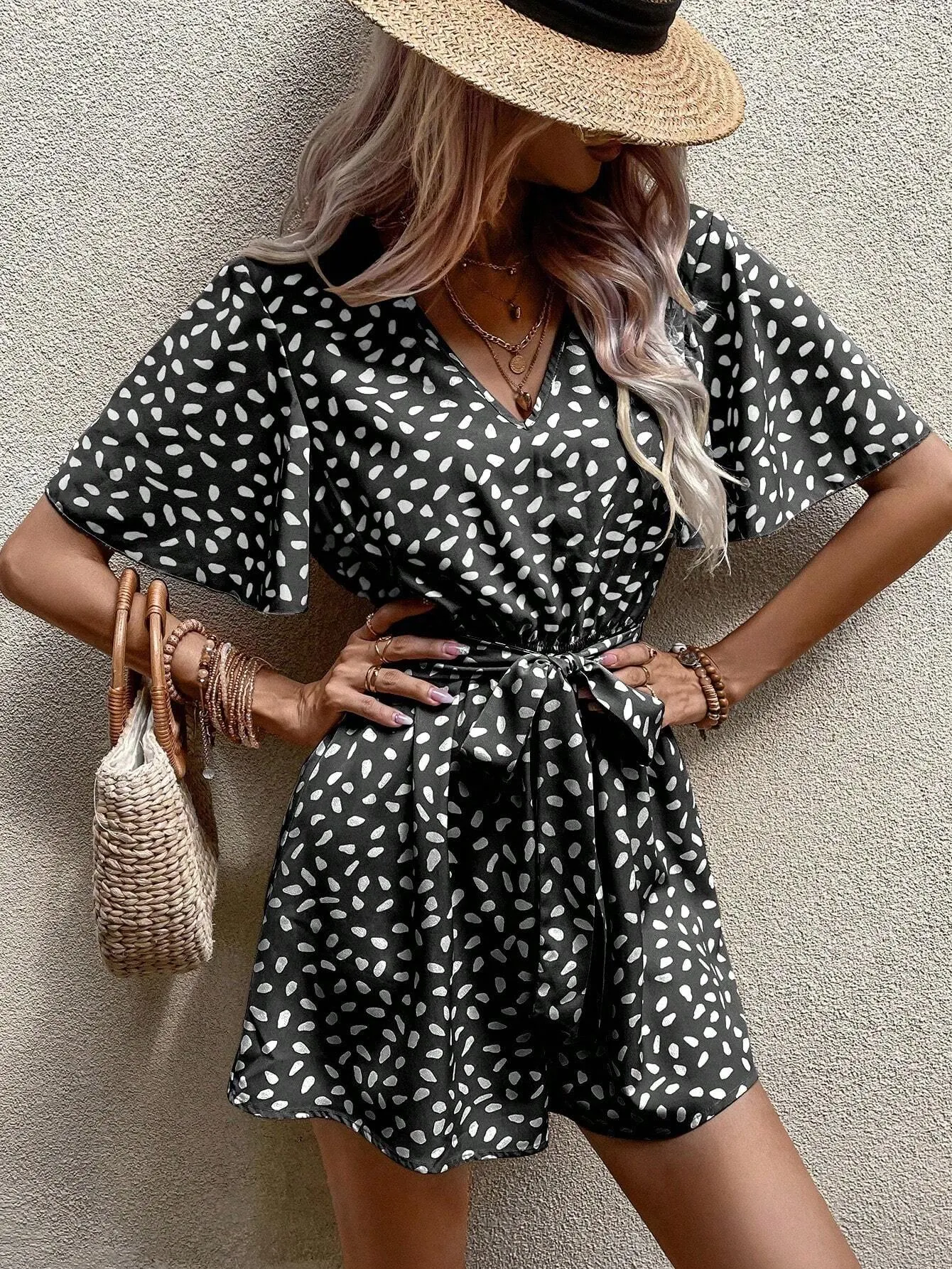 Allover Print Butterfly Sleeve Belted Romper