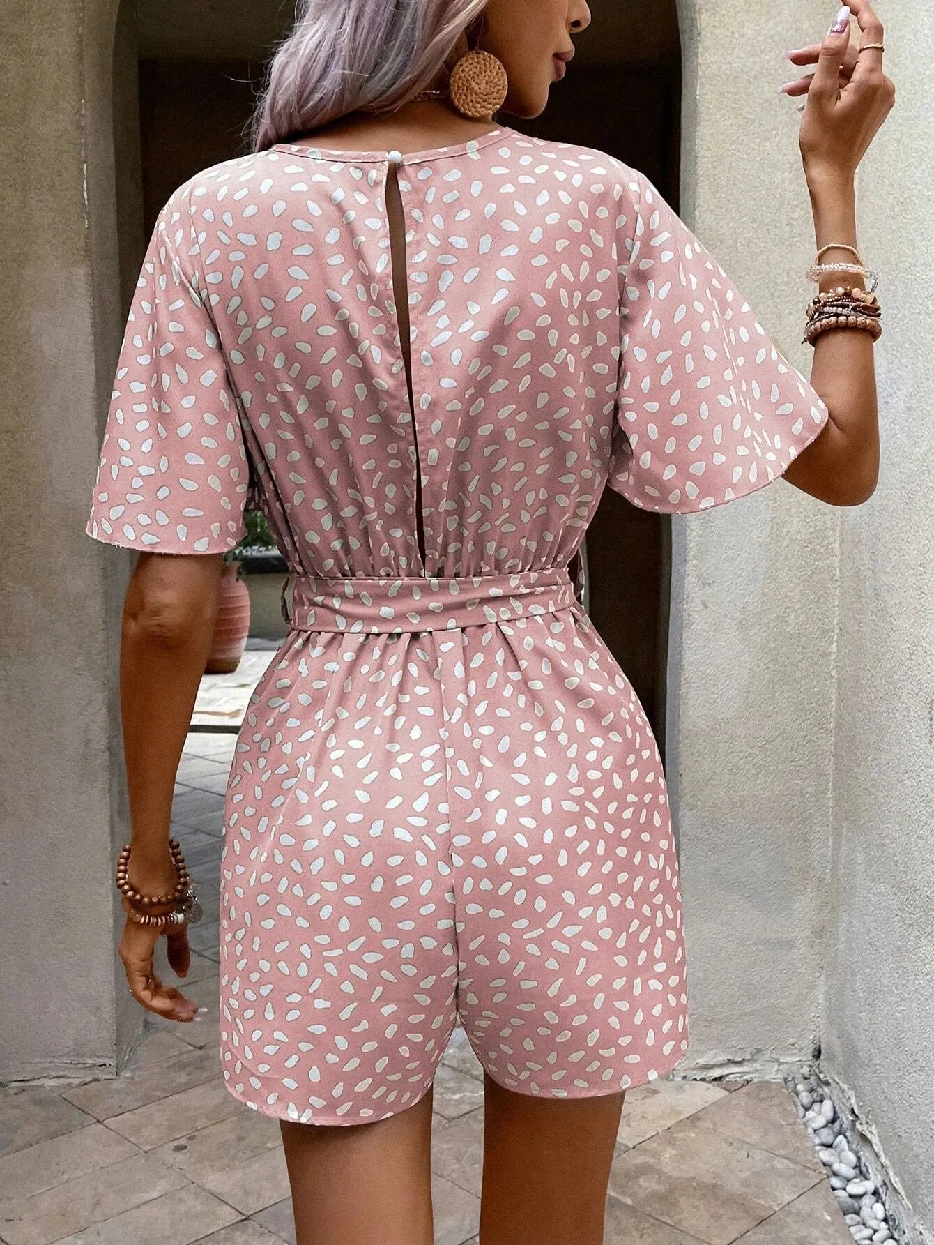 Allover Print Butterfly Sleeve Belted Romper
