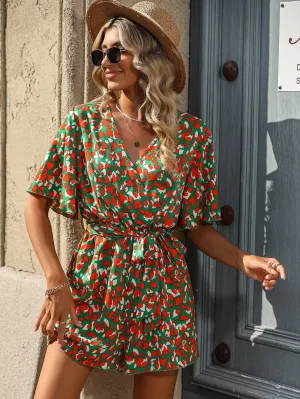 Allover Print Short Sleeve Belted Romper