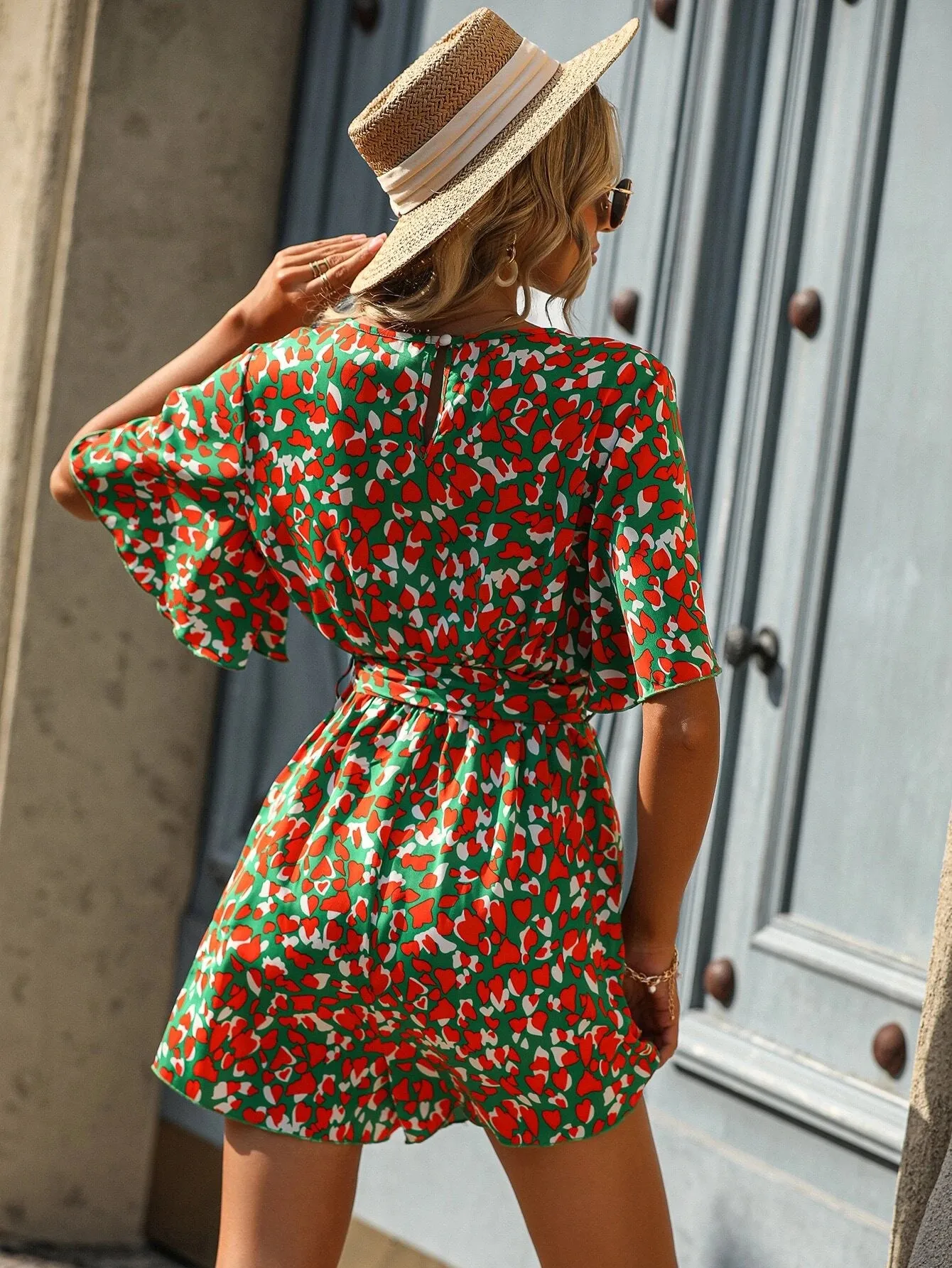 Allover Print Short Sleeve Belted Romper
