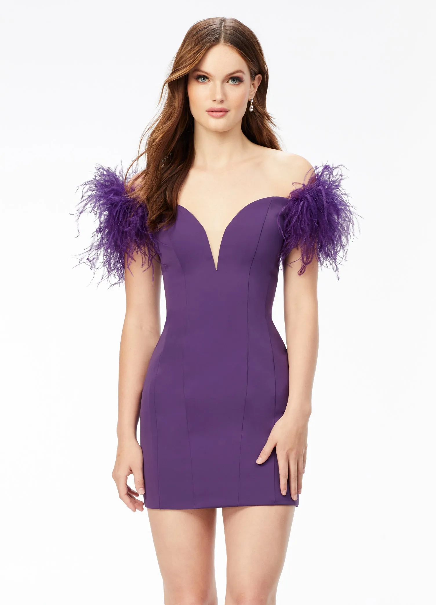 Ashley Lauren 4523 Size 8 Orchid Feather Scuba Cocktail Dress v neck Homecoming Gown