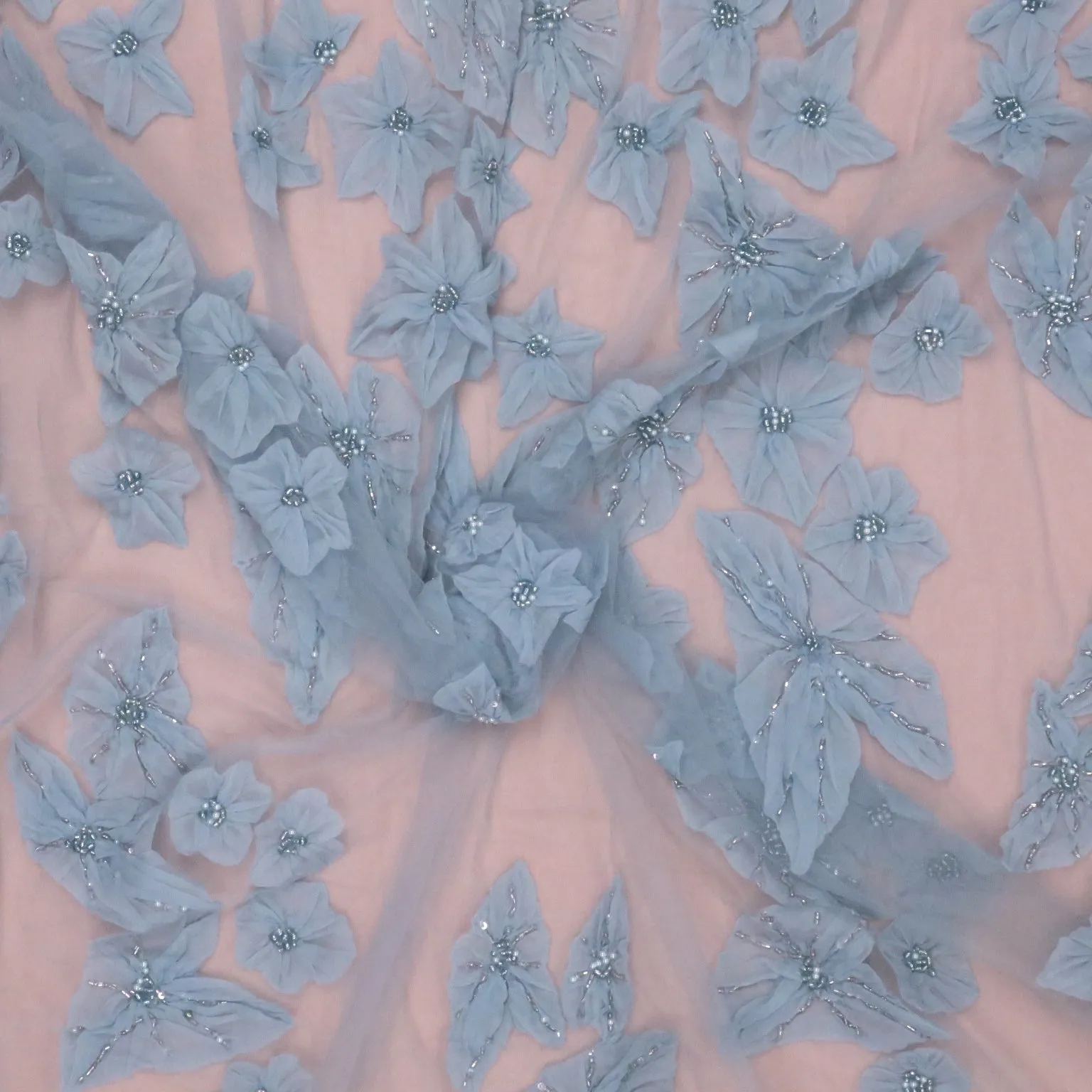 Baby Blue Pearls and Bugle Beads on 3D High Relief Flowers Embroidered Tulle Fabric