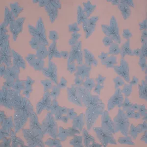 Baby Blue Pearls and Bugle Beads on 3D High Relief Flowers Embroidered Tulle Fabric