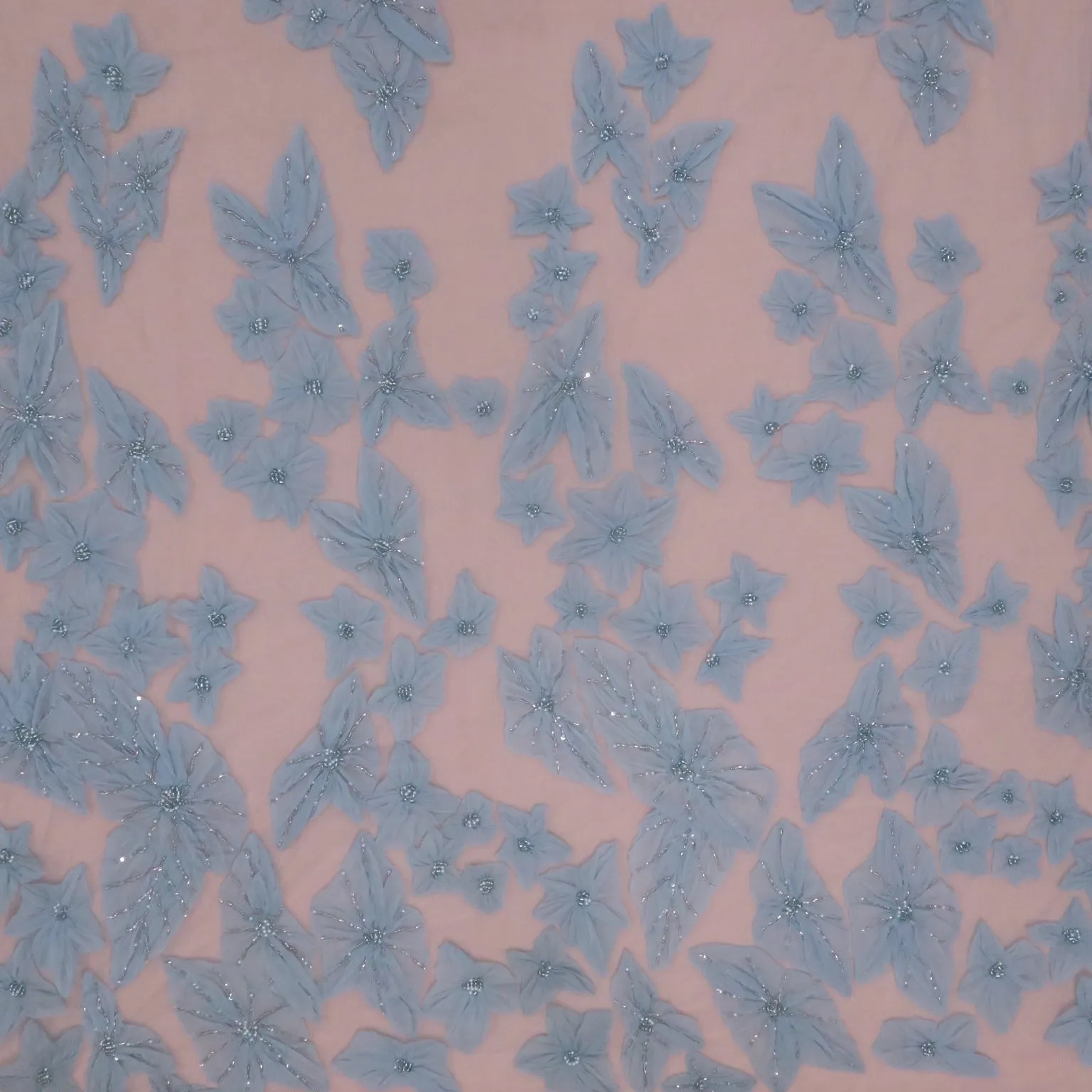 Baby Blue Pearls and Bugle Beads on 3D High Relief Flowers Embroidered Tulle Fabric