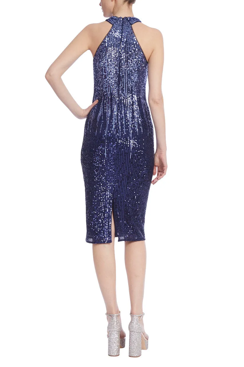 Badgley Mischka Ombre Sequined Rosette Neck Cocktail Dress