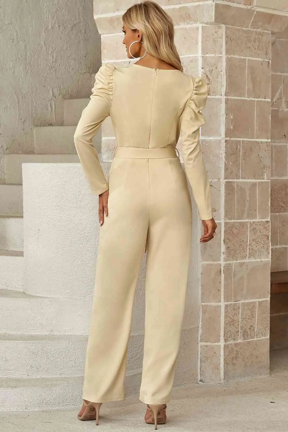 Belted Long Puff Sleeve V-Neck Jumpsuit