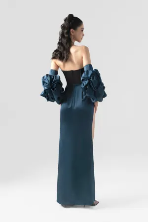 Black Mesh Corset High Slit Navy Blue Dress
