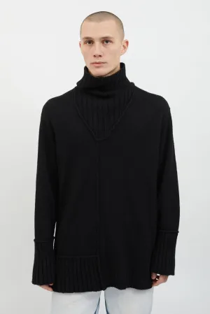 Black Wool Knit Ribbed Turtleneck Sweater