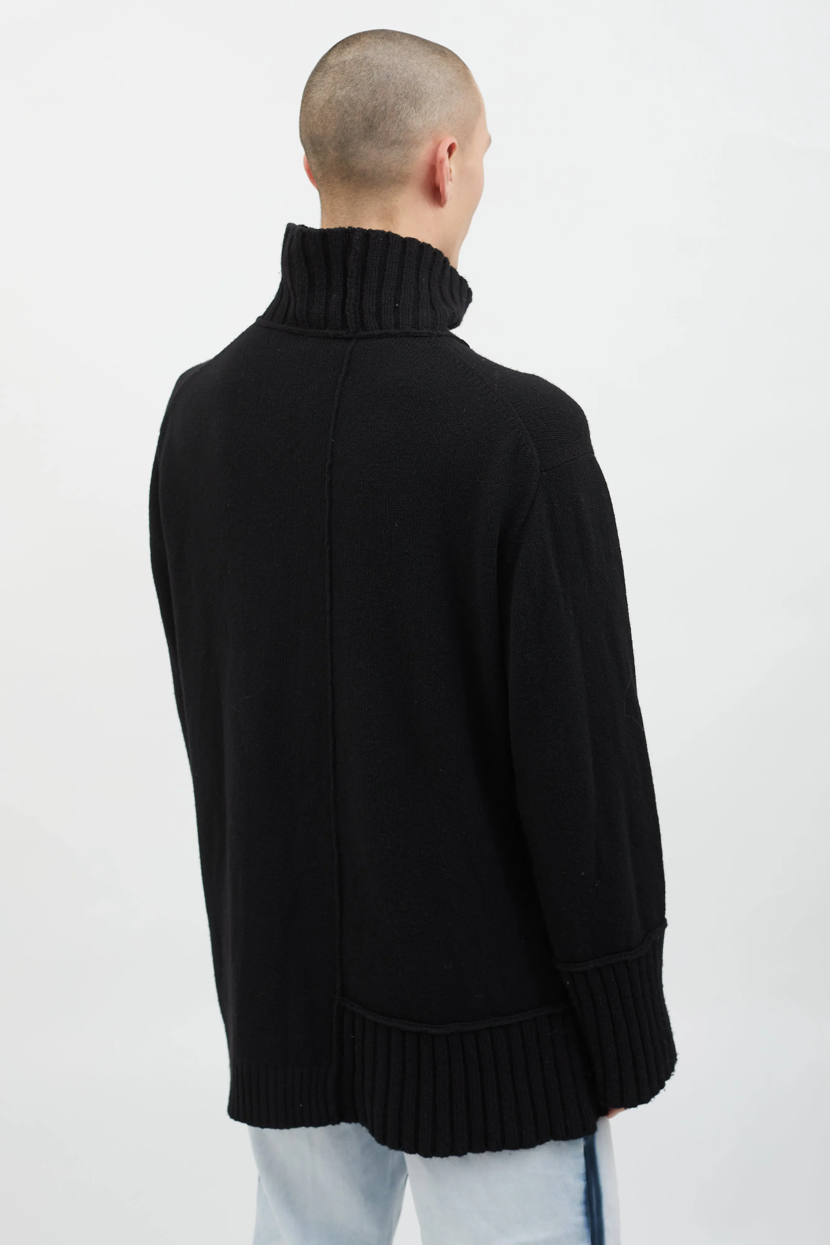Black Wool Knit Ribbed Turtleneck Sweater