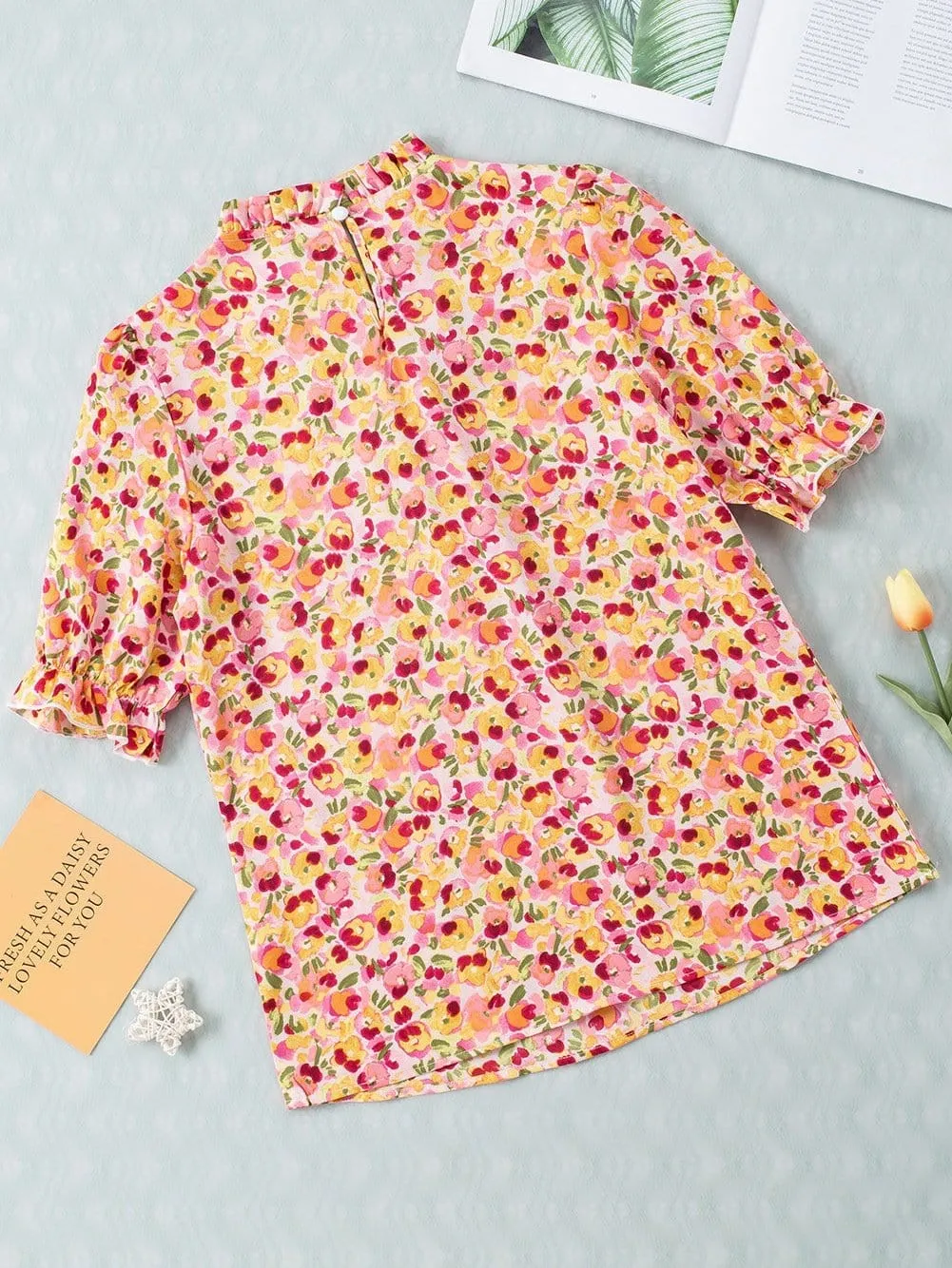 Bohemian Sunflower Flutter Sleeve High Neck Blouse