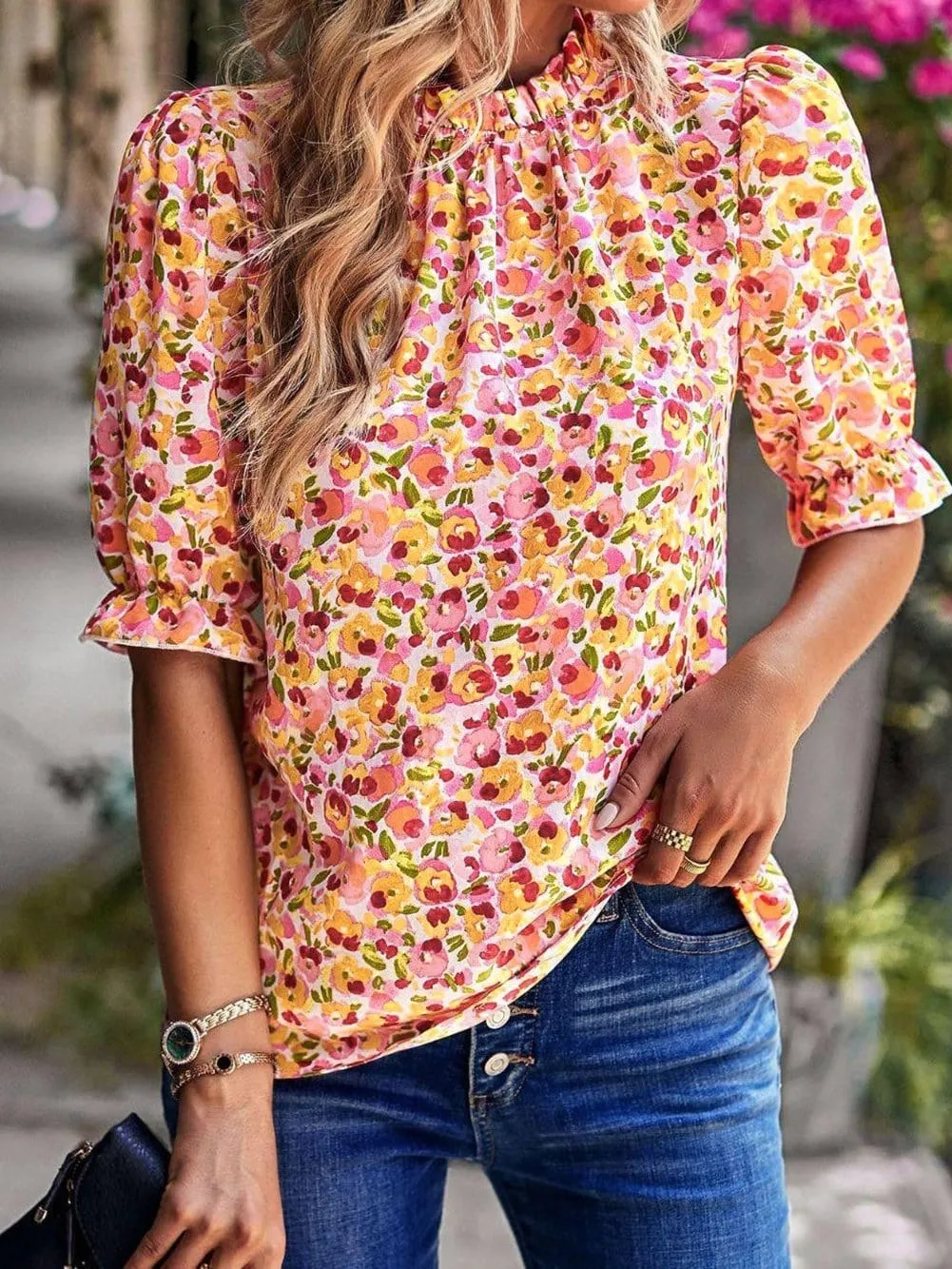 Bohemian Sunflower Flutter Sleeve High Neck Blouse