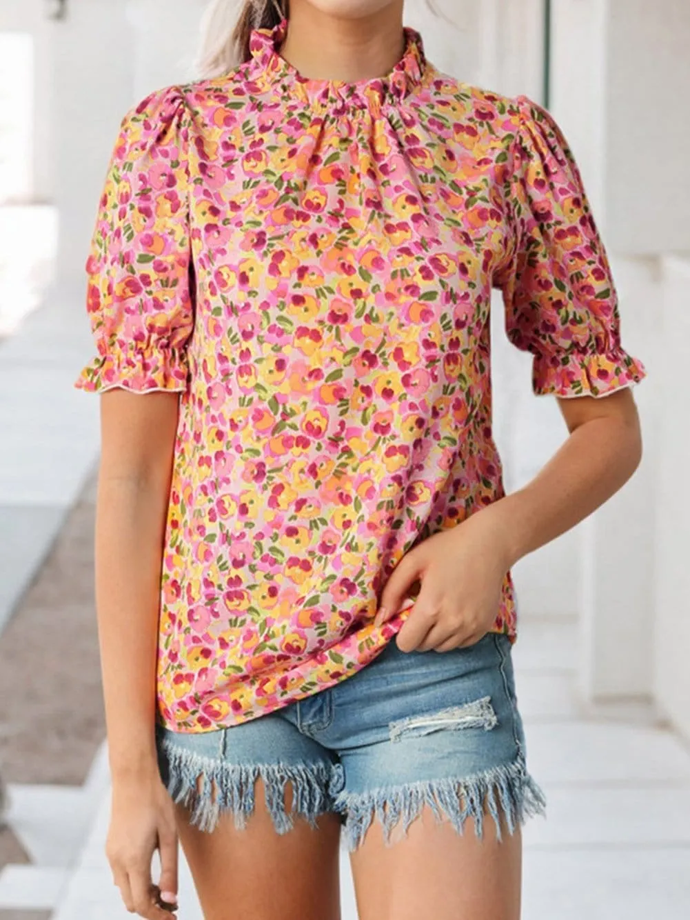 Bohemian Sunflower Flutter Sleeve High Neck Blouse