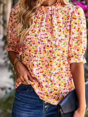 Bohemian Sunflower Flutter Sleeve High Neck Blouse