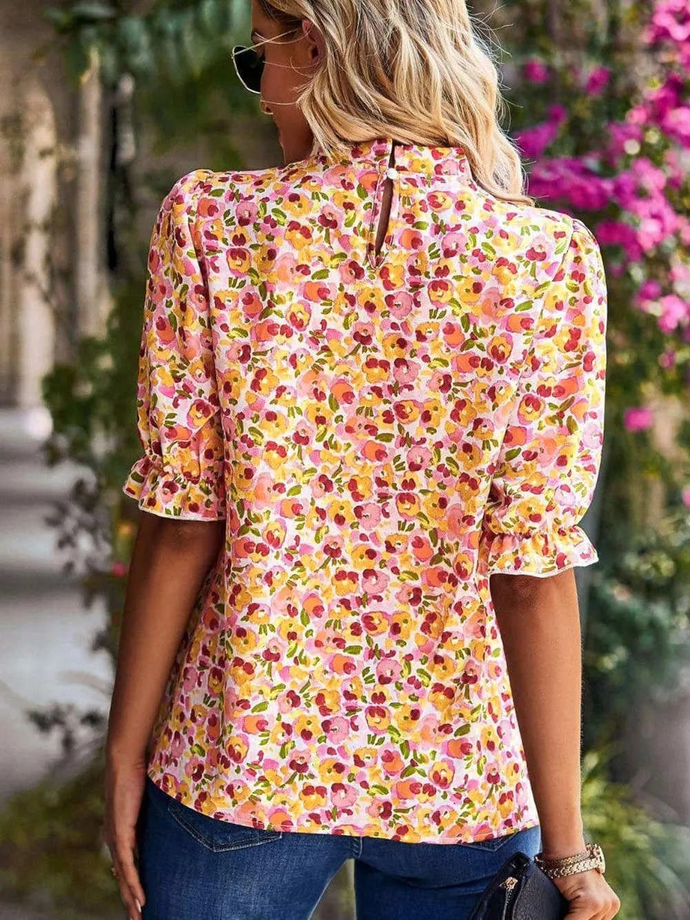 Bohemian Sunflower Flutter Sleeve High Neck Blouse