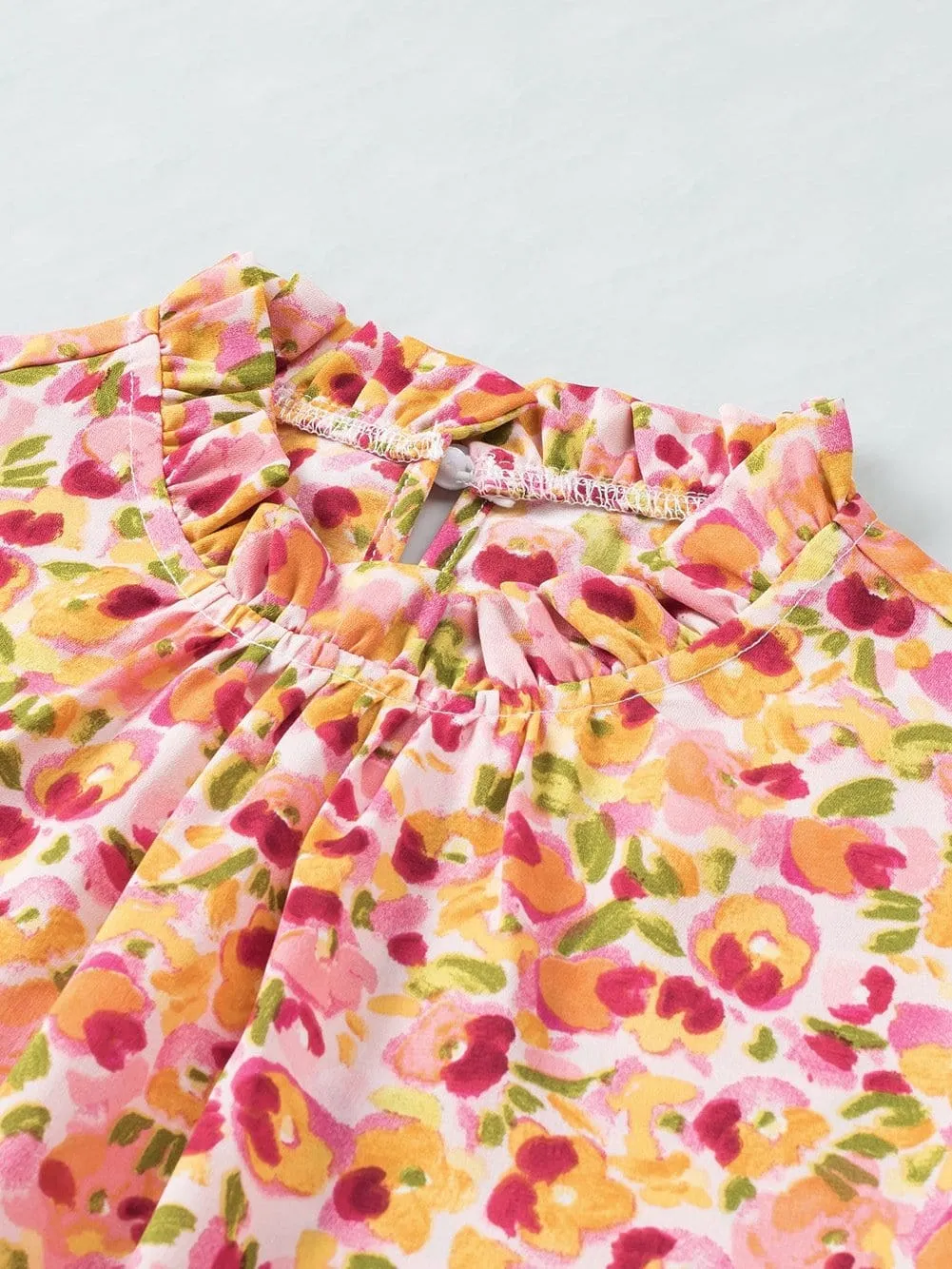 Bohemian Sunflower Flutter Sleeve High Neck Blouse