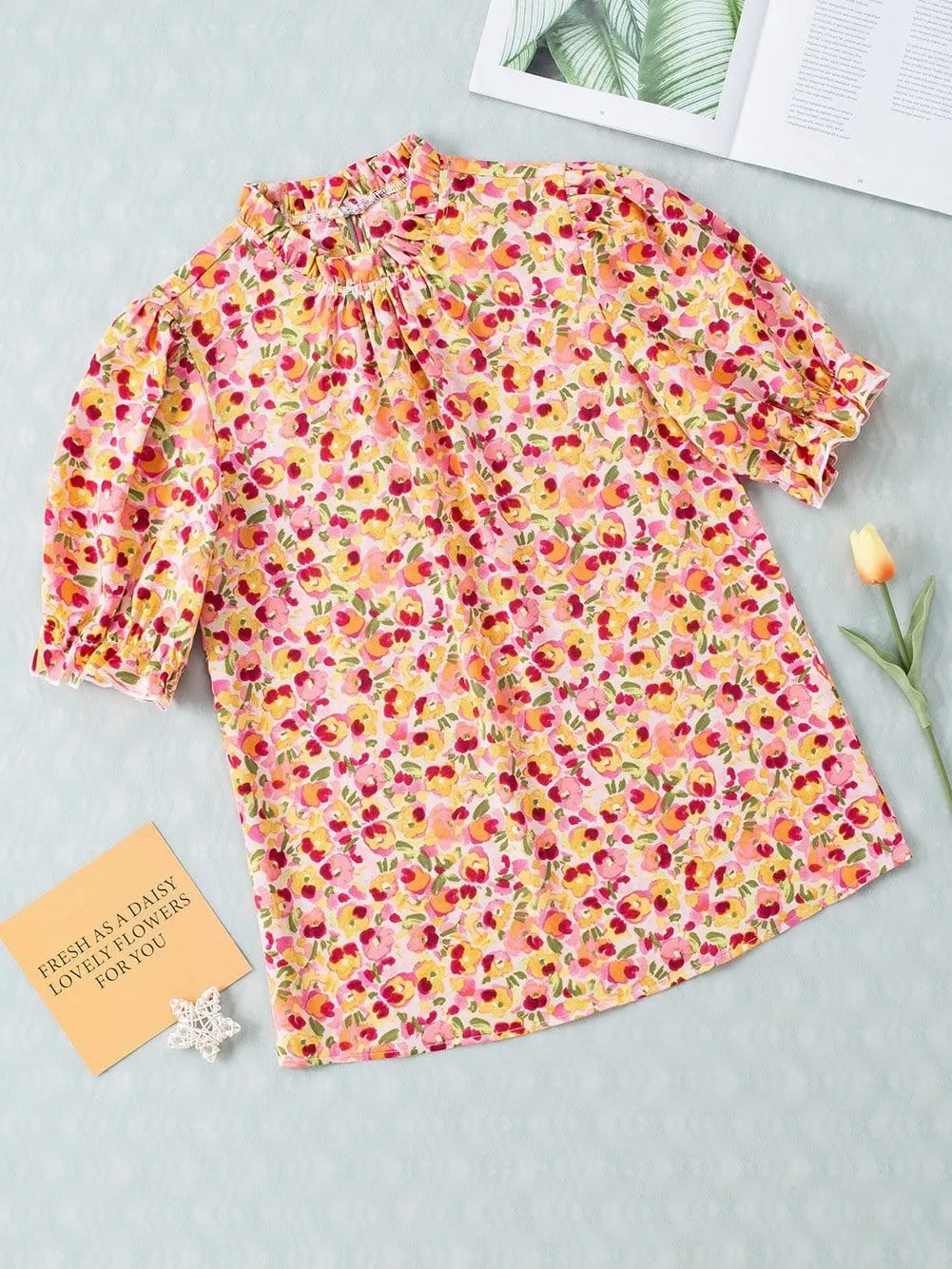Bohemian Sunflower Flutter Sleeve High Neck Blouse