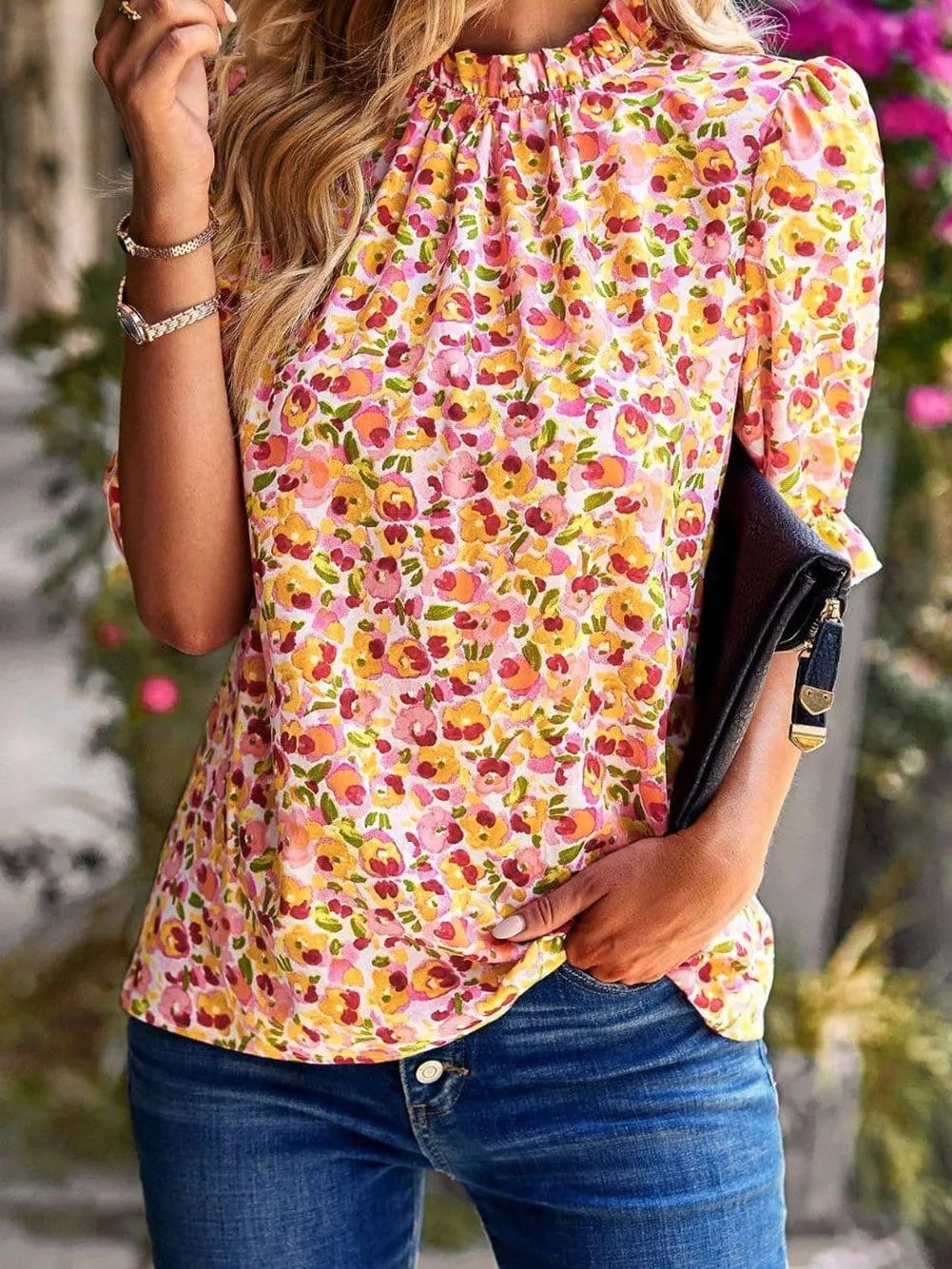 Bohemian Sunflower Flutter Sleeve High Neck Blouse