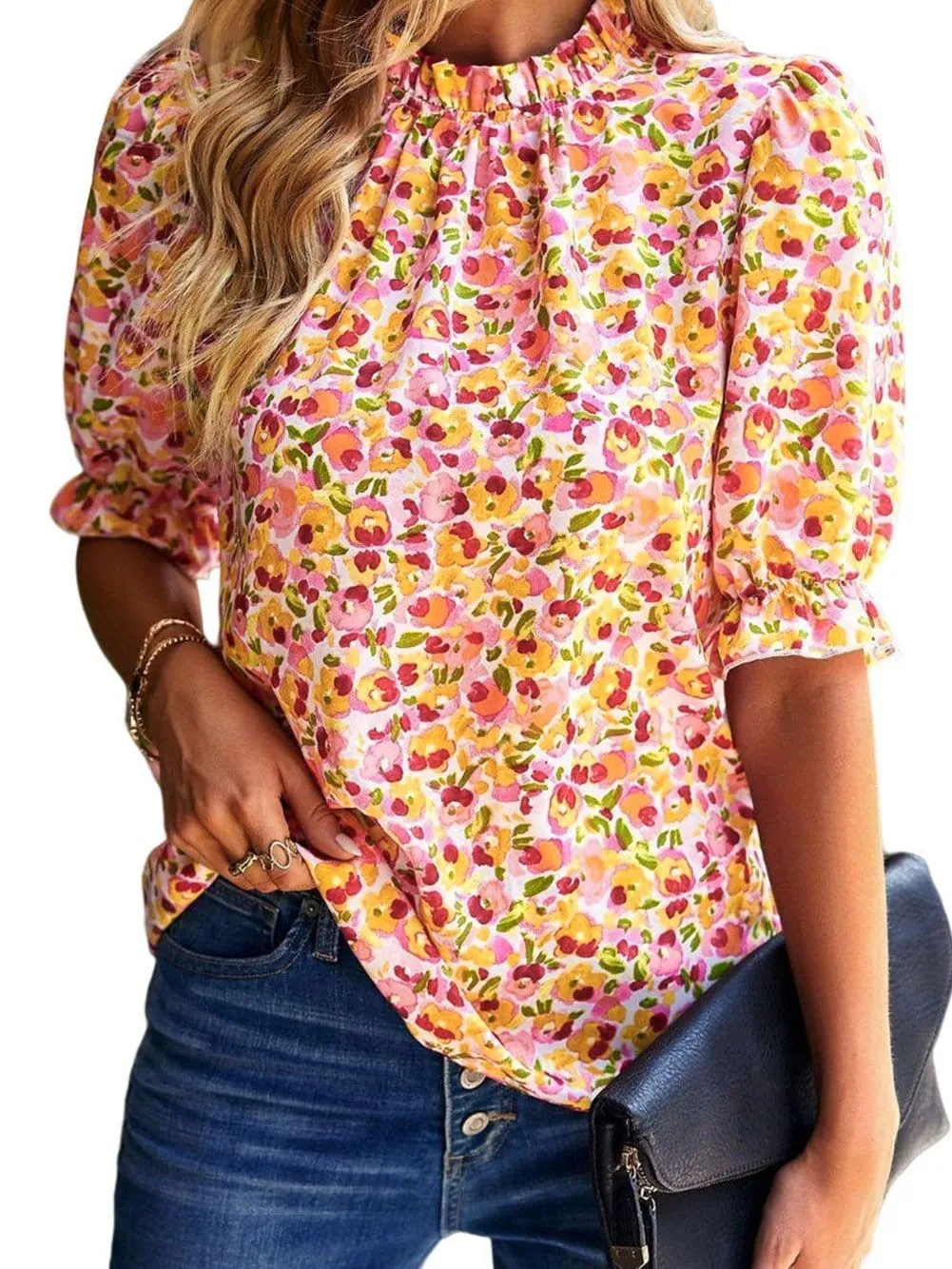 Bohemian Sunflower Flutter Sleeve High Neck Blouse