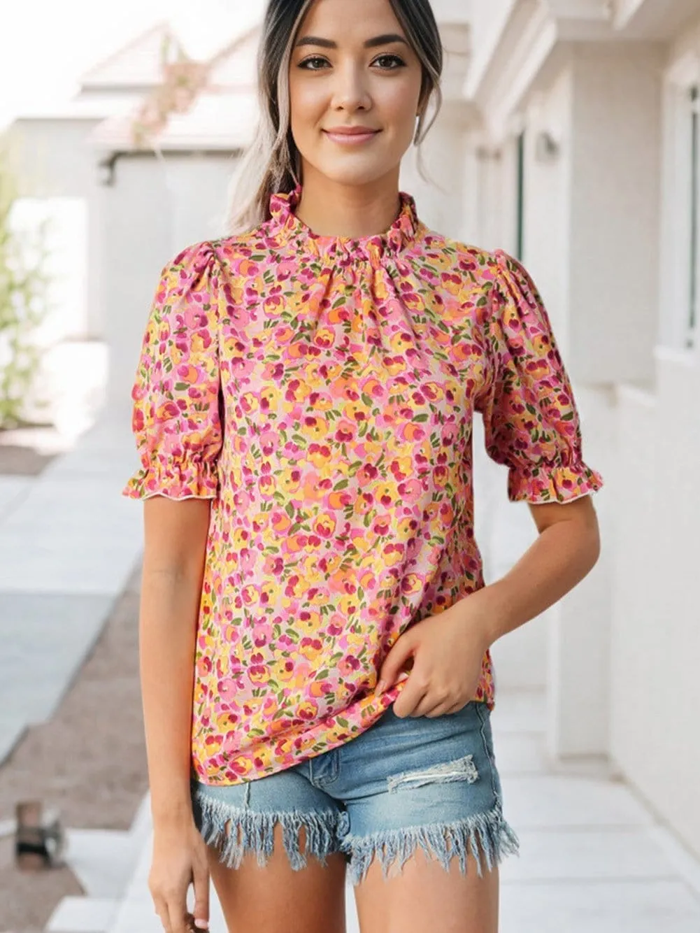 Bohemian Sunflower Flutter Sleeve High Neck Blouse