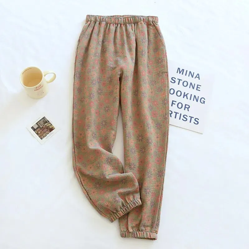 Bonnyshow Spring Summer New Women Sleep Bottoms Pajama Pants Soft Cotton Lounge Trousers Elastic Waist Thin Home Style Nightwear