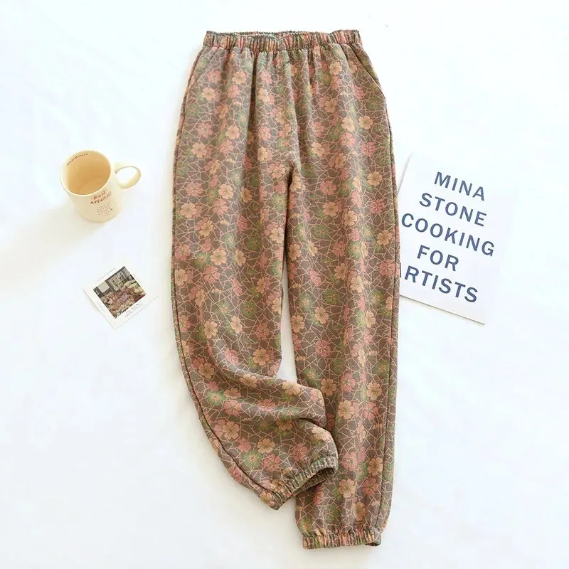 Bonnyshow Spring Summer New Women Sleep Bottoms Pajama Pants Soft Cotton Lounge Trousers Elastic Waist Thin Home Style Nightwear