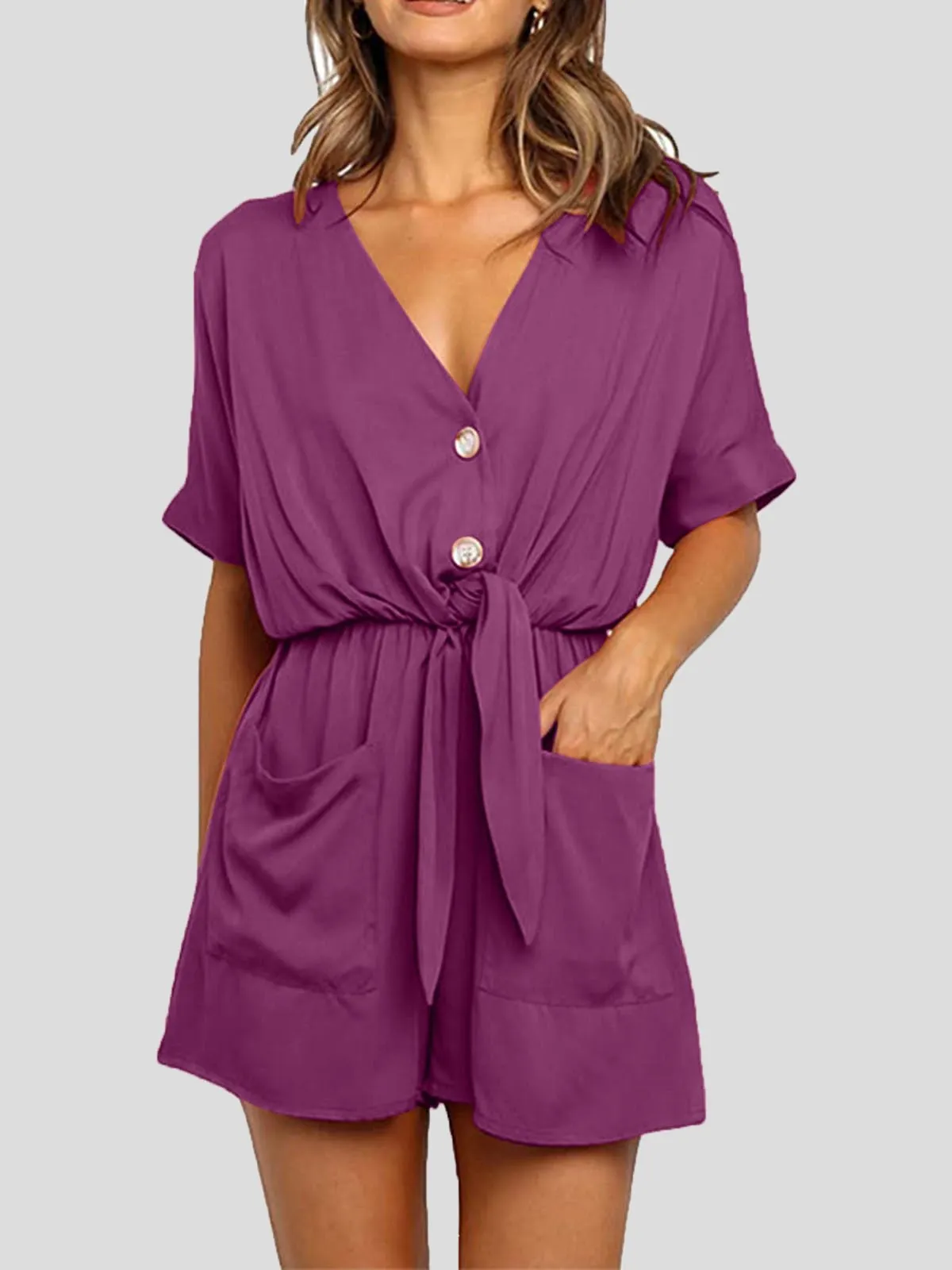 CHICMY- Women's Jumpsuits V-Neck Button Short Sleeve Pocket Belted Jumpsuit