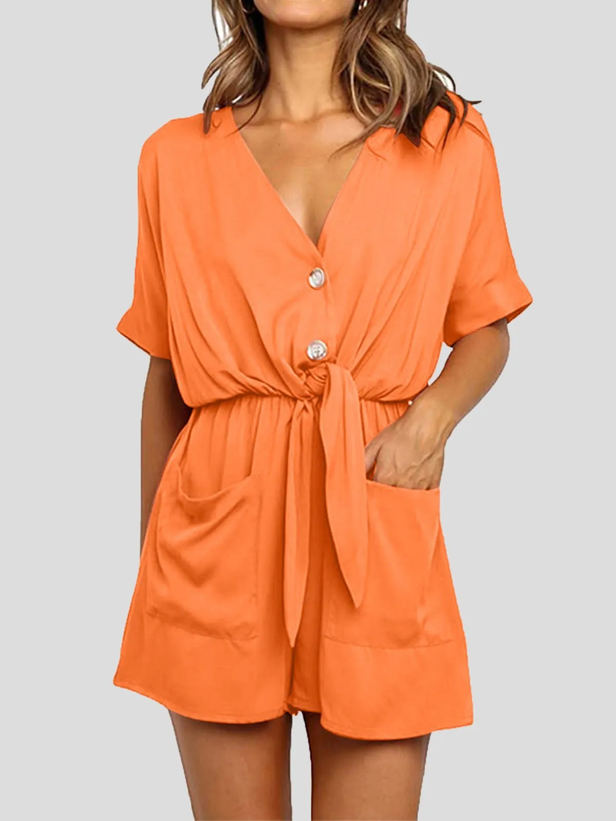 CHICMY- Women's Jumpsuits V-Neck Button Short Sleeve Pocket Belted Jumpsuit