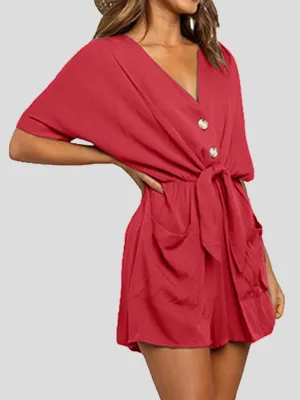 CHICMY- Women's Jumpsuits V-Neck Button Short Sleeve Pocket Belted Jumpsuit