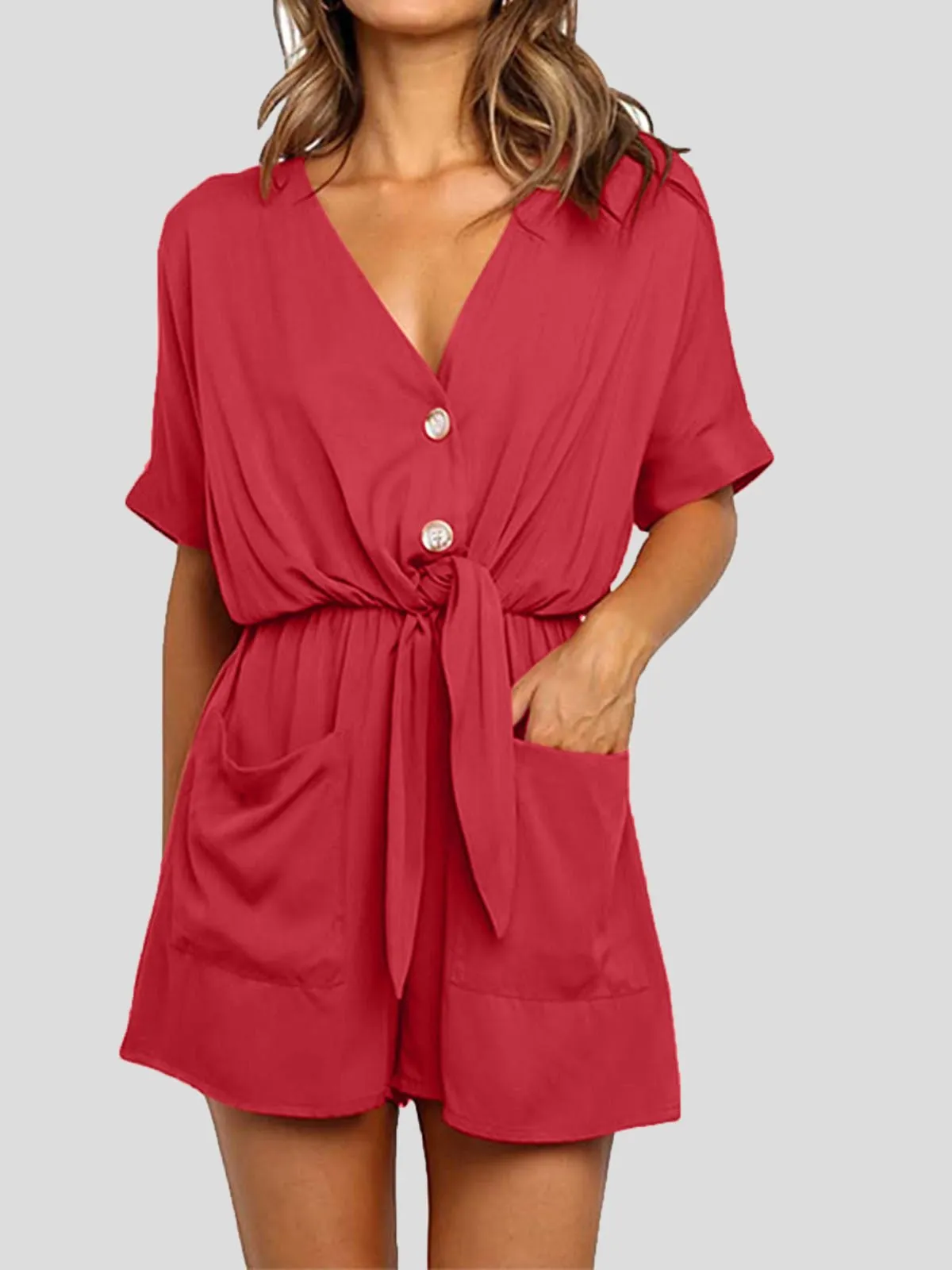 CHICMY- Women's Jumpsuits V-Neck Button Short Sleeve Pocket Belted Jumpsuit
