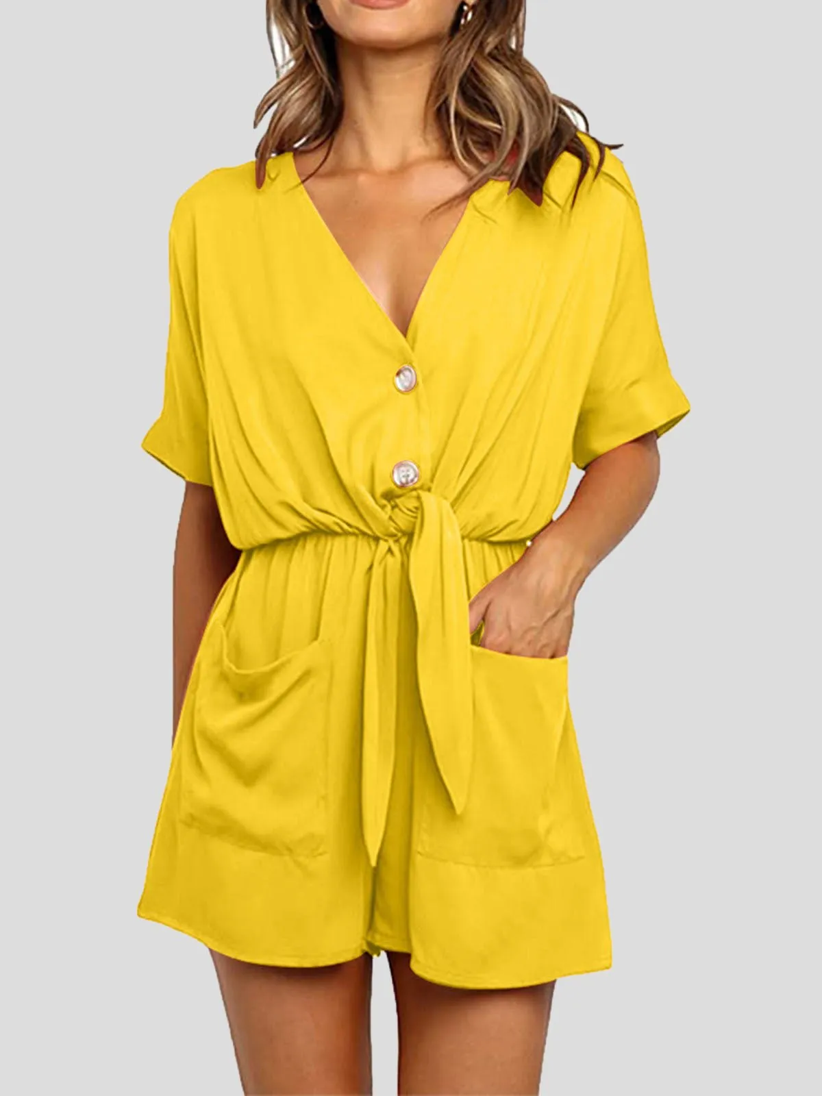 CHICMY- Women's Jumpsuits V-Neck Button Short Sleeve Pocket Belted Jumpsuit