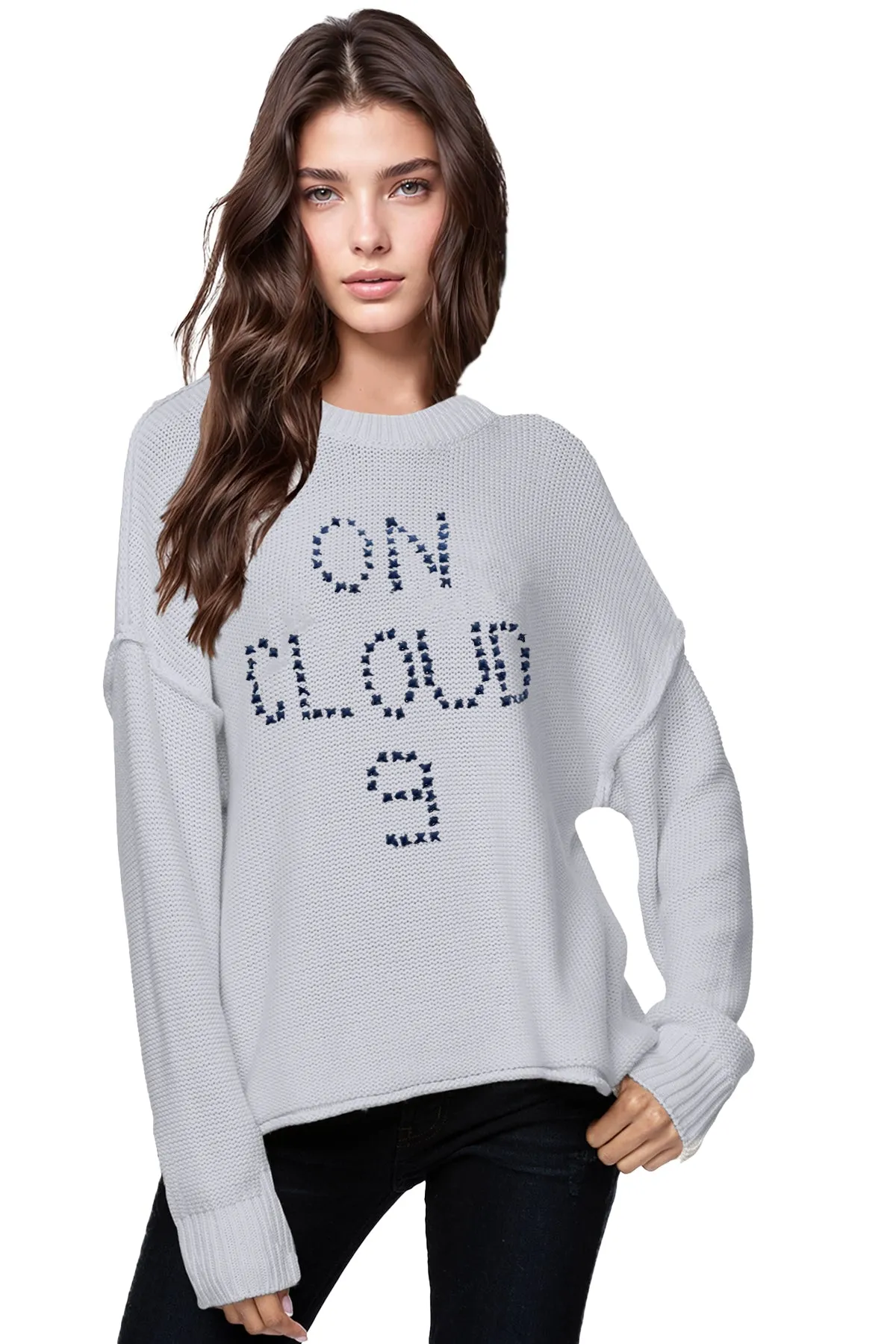 Chunky Cotton Blend Pullover Sweater- Cross Stitch "On Cloud 9" hand embroidery