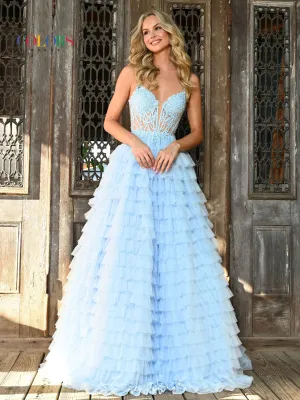 Colors Dress 3219 Long Sheer Lace Corset Ball Gown Prom Dress Corset Ruffle Layer Formal Gown