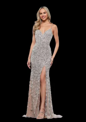 Colors Dress 3387 Fully Beaded Formal Prom Dress Evening Gown Slit V Neck Crystal