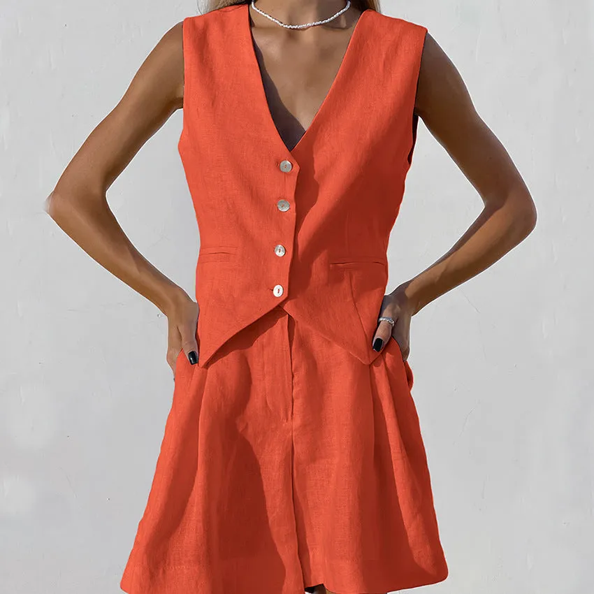 Cotton Linen Vest Wide-leg Shorts Set