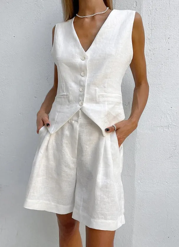 Cotton Linen Vest Wide-leg Shorts Set